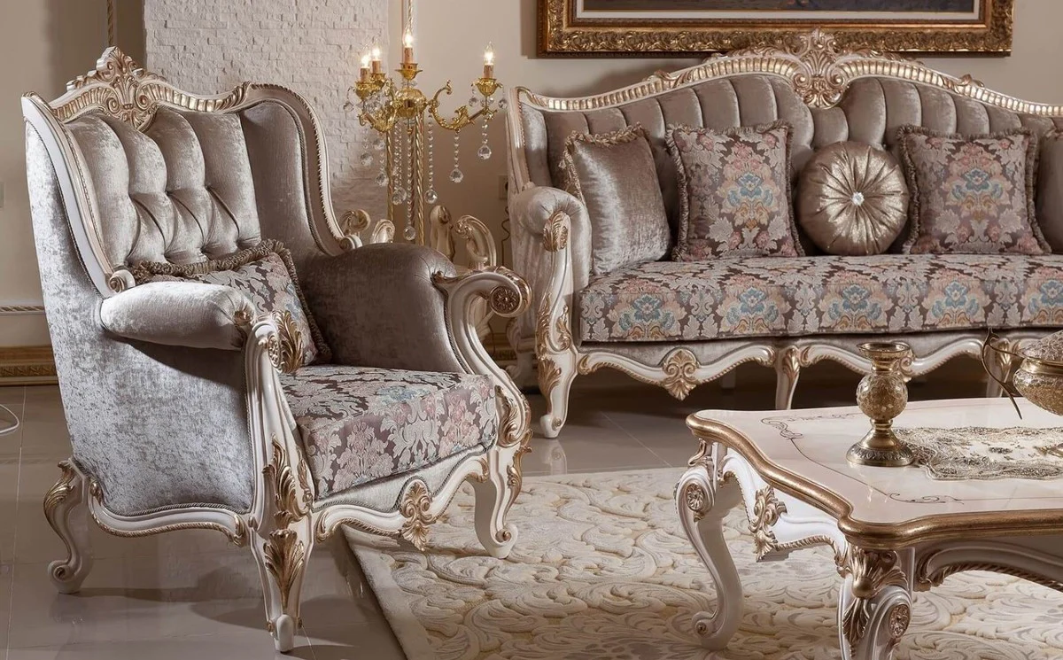 Luxury Baroque Living Room Furniture Set Brown / White / Gold