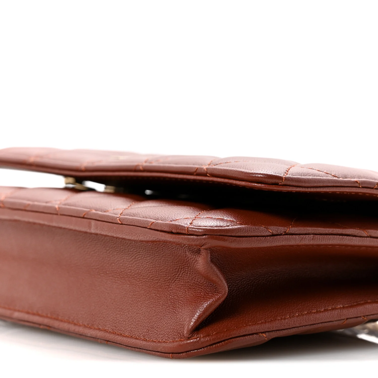 Lambskin Quilted Wallet On Chain WOC Brown - Top Club