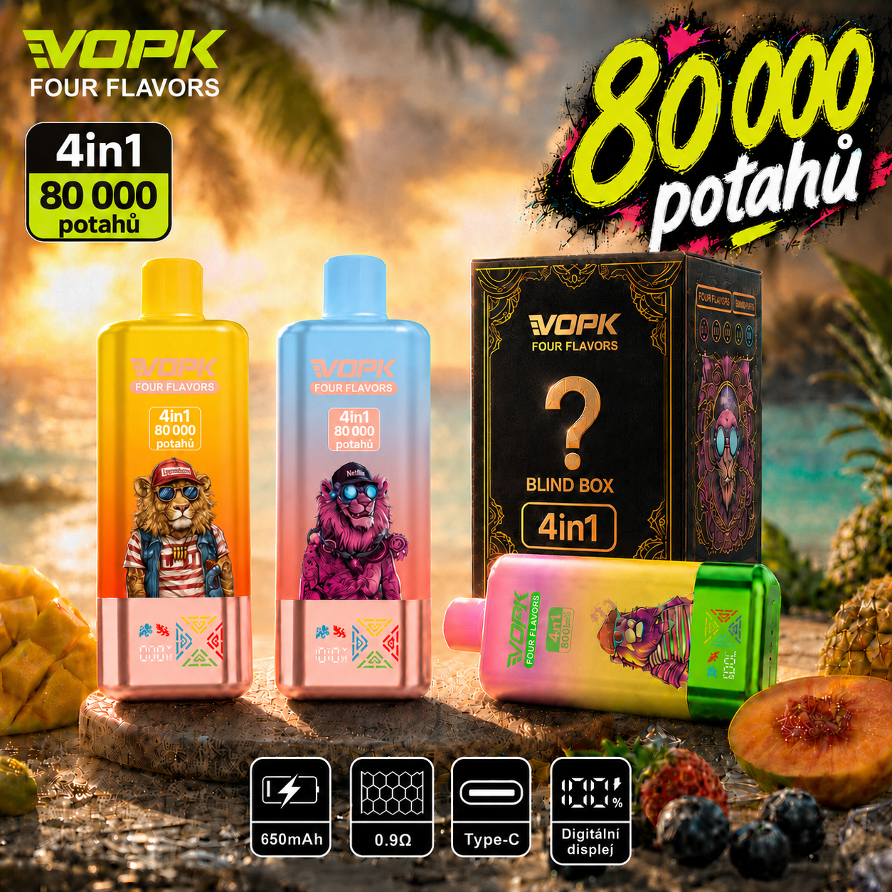 3 ks🎁Mystery Box🎁 – VOPK 80 000 potahů 4 příchutě v jednom zařízení
