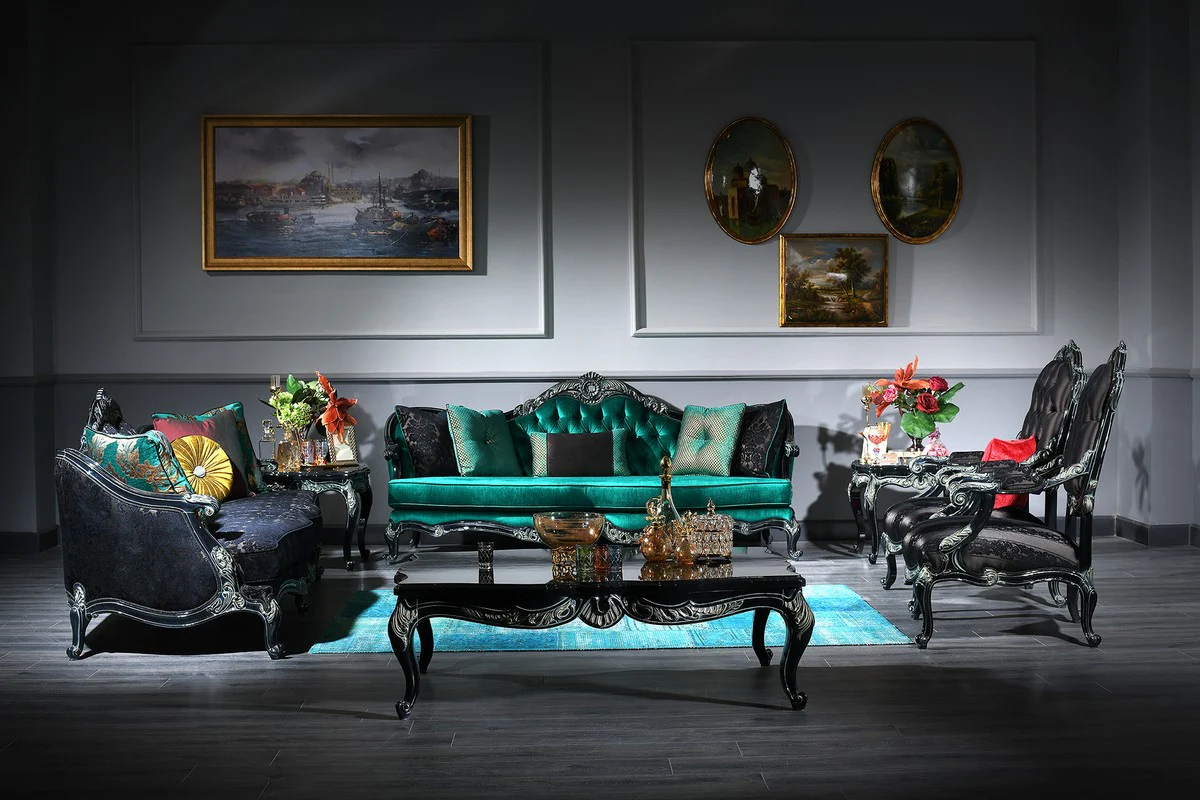 Luxury baroque living room set green / black / gold - 2 sofas & 2 armchairs & 1 coffee table & 2 side tables - magnificent baroque furniture - luxury quality