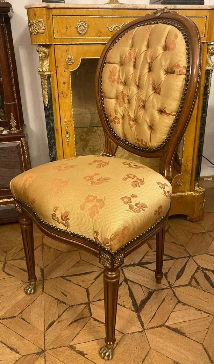 Luxury Baroque Dining Chair Gold Pattern / Brown / Antique Brass - Handcrafted Solid Wood Chair with Lion Feet - Baroque Style Kitchen Chair - Dining Room Furniture in Baroque Style