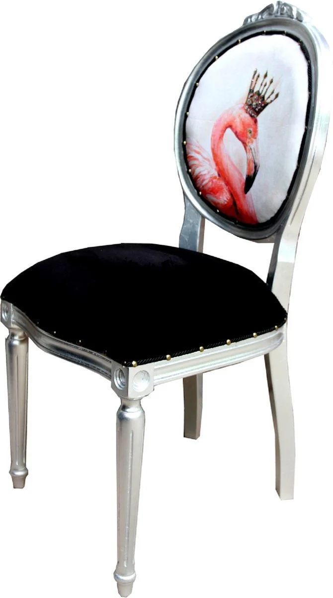Luxury baroque dining room set flamingo with crown black / multicolored / silver 48 x 50 x H. 98 cm - 4 handmade dining chairs with bling bling glitter stones - baroque dining room furniture
