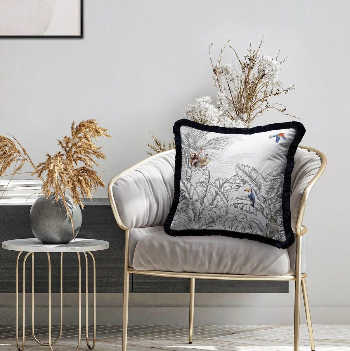 Luxury decorative cushion jungle & animals gray / multicolored / black 45 x 45 cm - printed velvet cushion with fringes - luxury decorative accessories