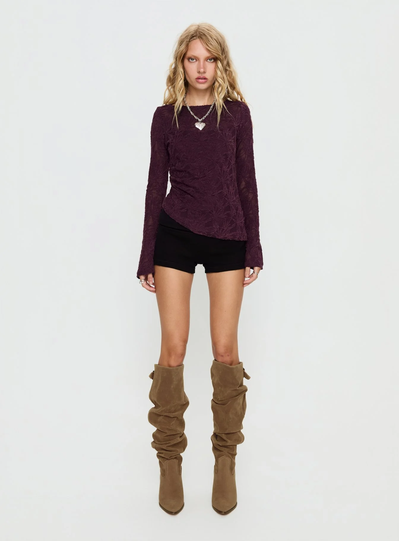 Branna Ruched Lace Long Sleeve Top Plum