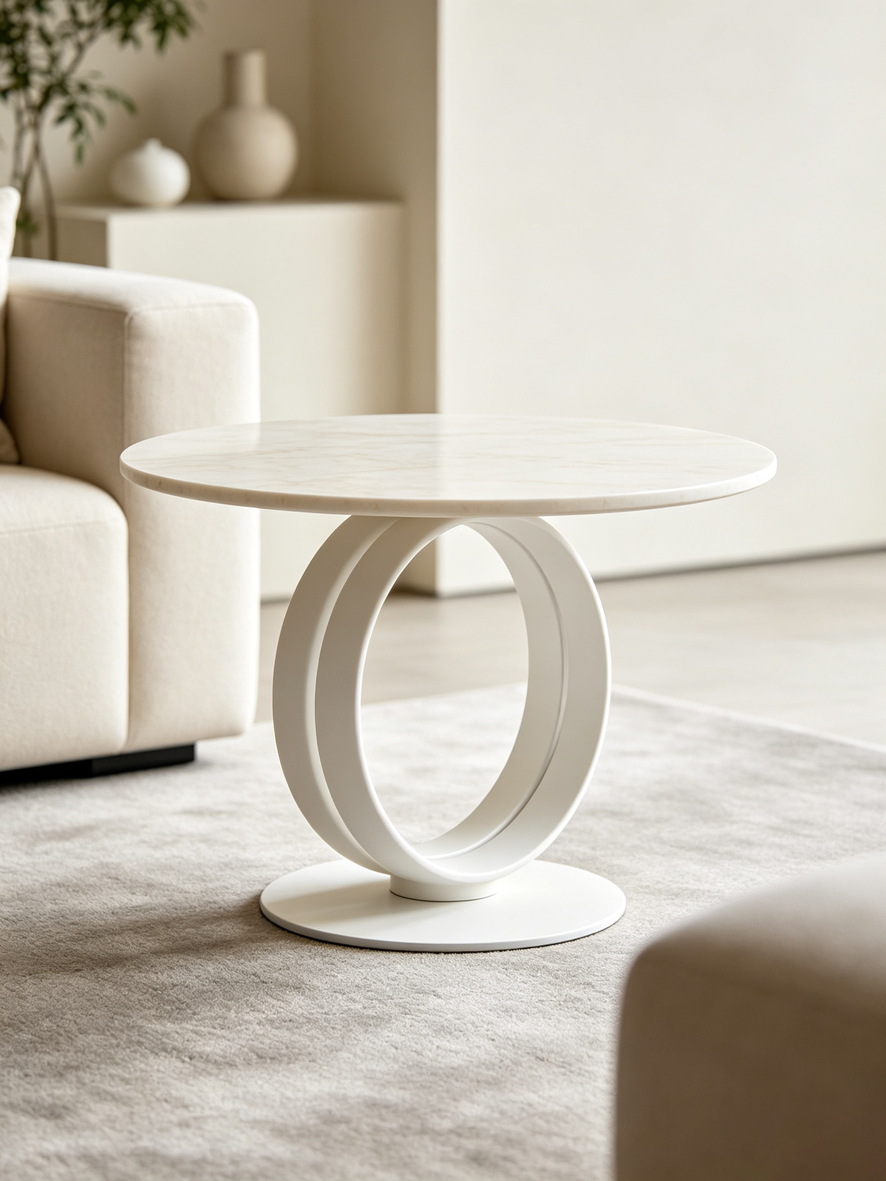 White Marble Round Side Table with Interlocking Ring Metal Base