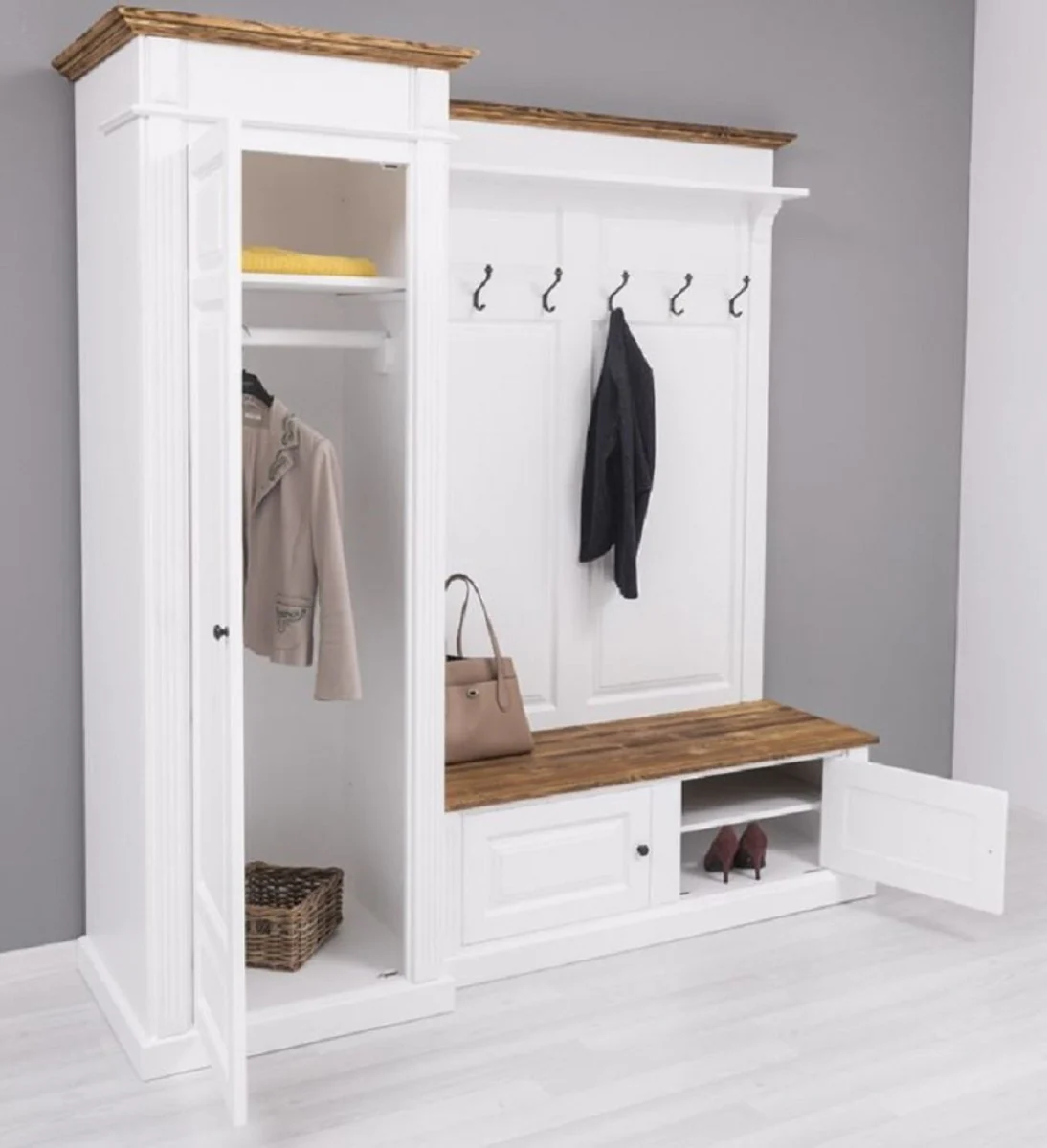 Country house style wardrobe white / brown 205 x 65 x H. 210 cm - solid wood wardrobe - hallway cabinet - hallway furniture - wardrobe furniture - solid wood furniture - country house style furniture