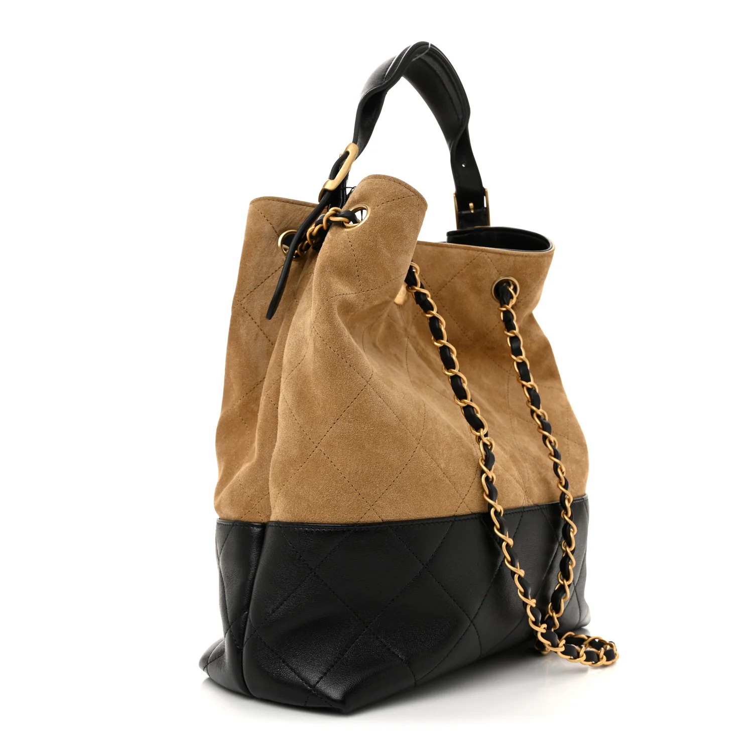 Suede Calfskin Shiny Lambskin Quilted Coco Base Shopping Bag Beige Black - Top Club