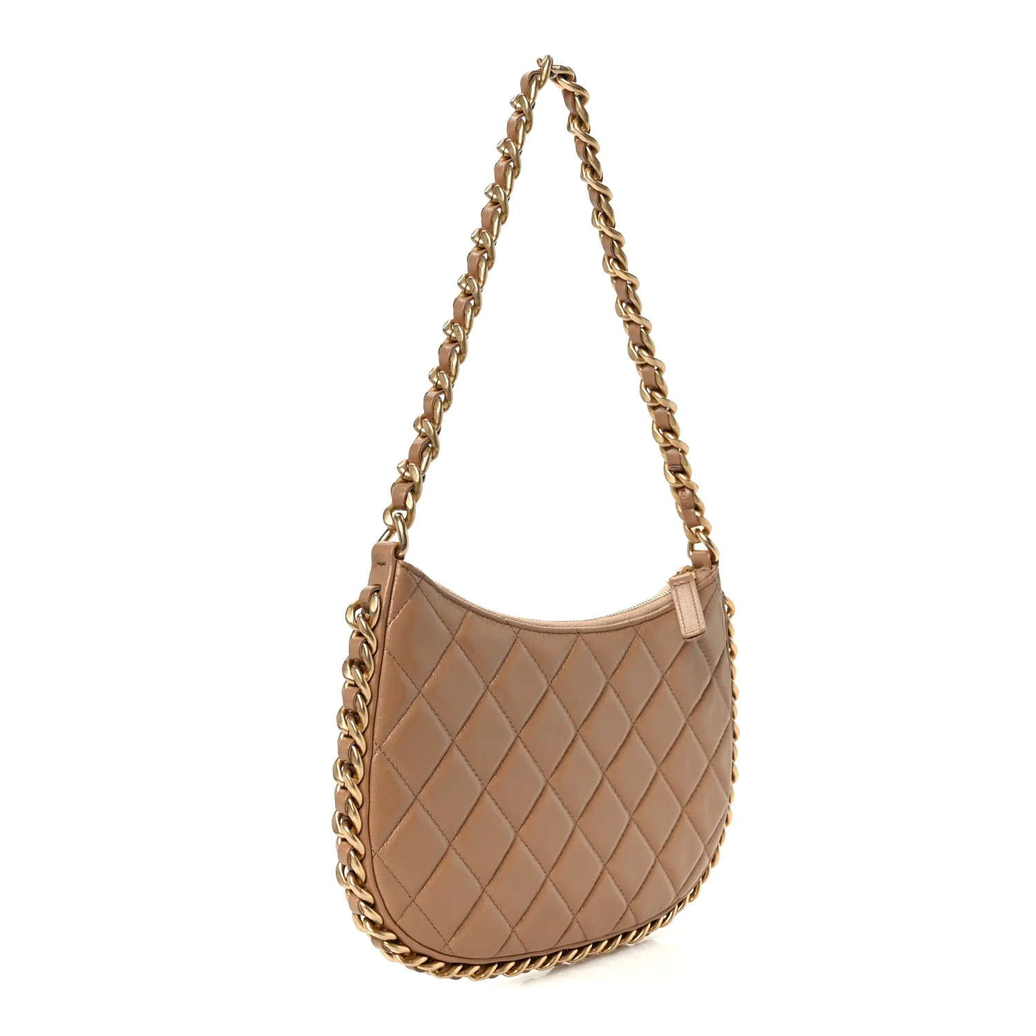 Shiny Crumpled Lambskin Quilted Trendy Chain Around Hobo Dark Beige - Top Club
