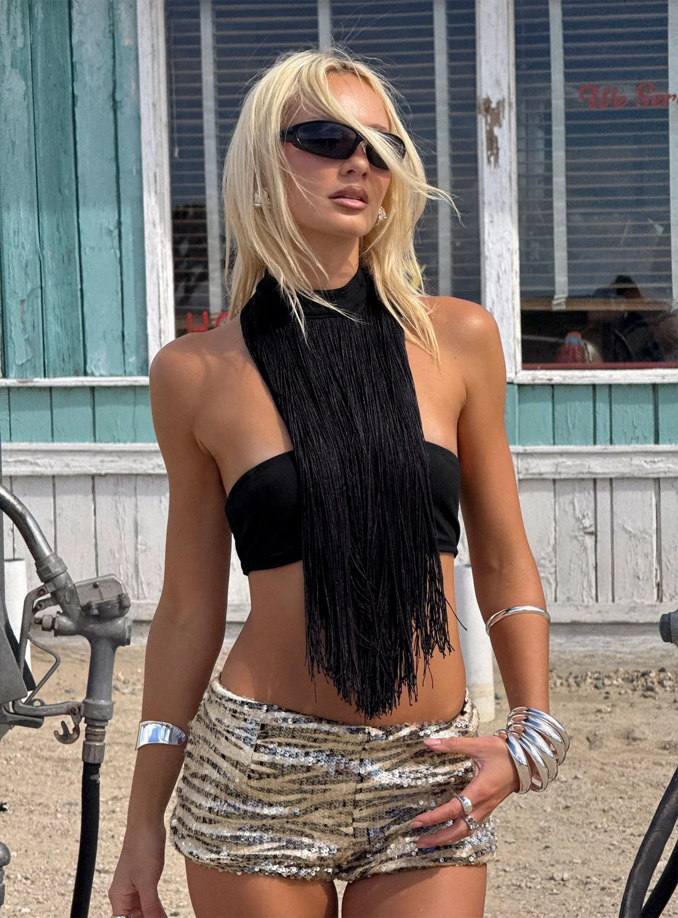 Zephyrine Fringe Asymmetrical Halter Top Black