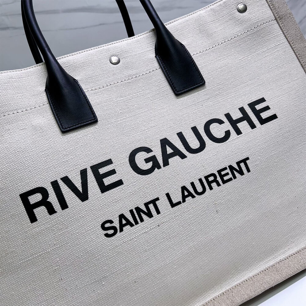 RIVE GAUCHE TOTE BAG IN LINEN AND LEATHER - Top Club