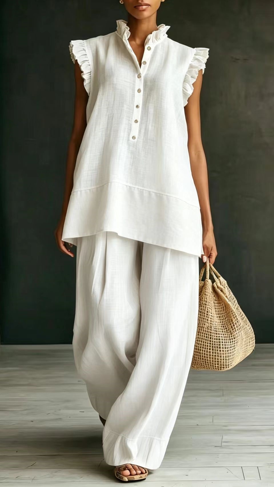 Women's Ruffled Sleeveless Shirt and Loose-Fit Trousers Two-Piece Set - Nordfashionstorm - Women's Clothing, Fashion for You - Nordfashionstorm.com