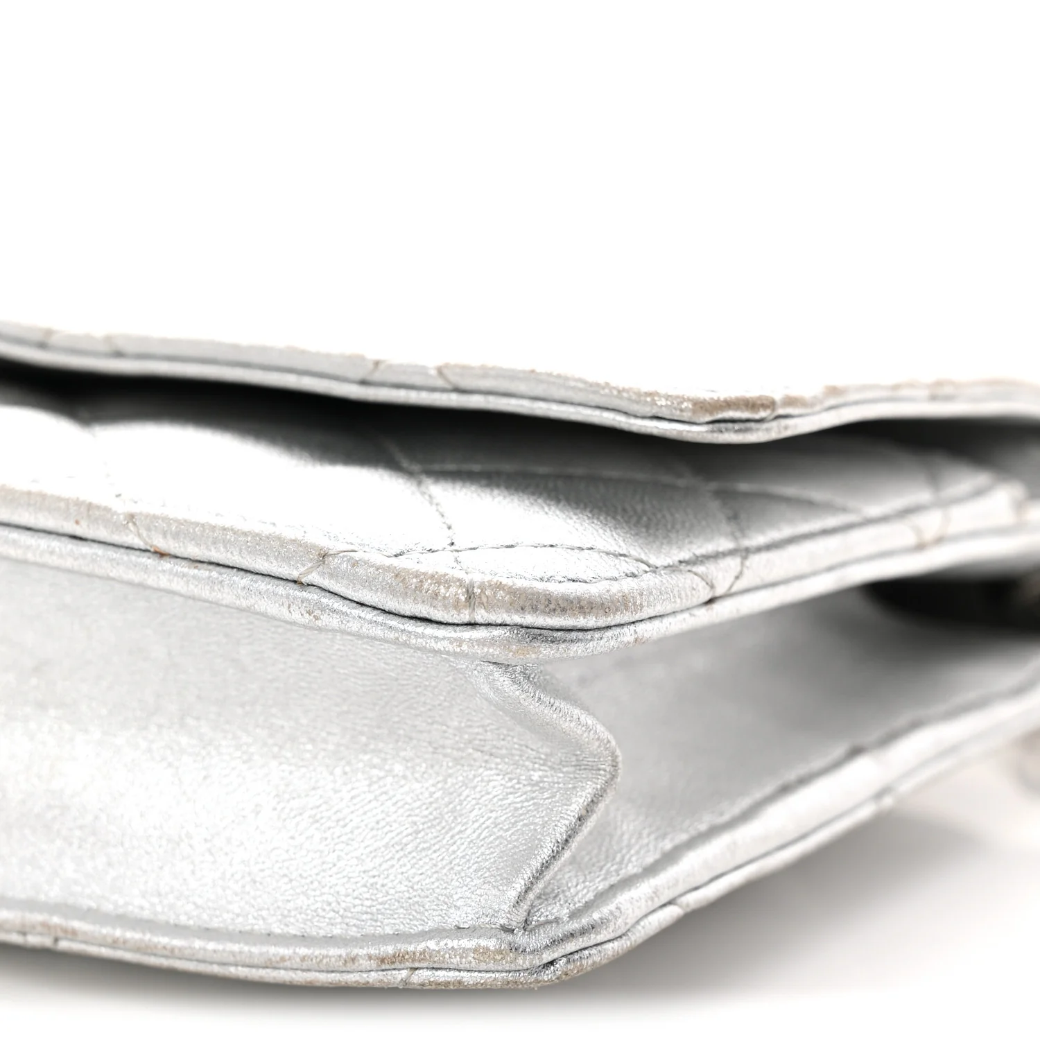 Metallic Lambskin Quilted Wallet On Chain WOC Silver - Top Club