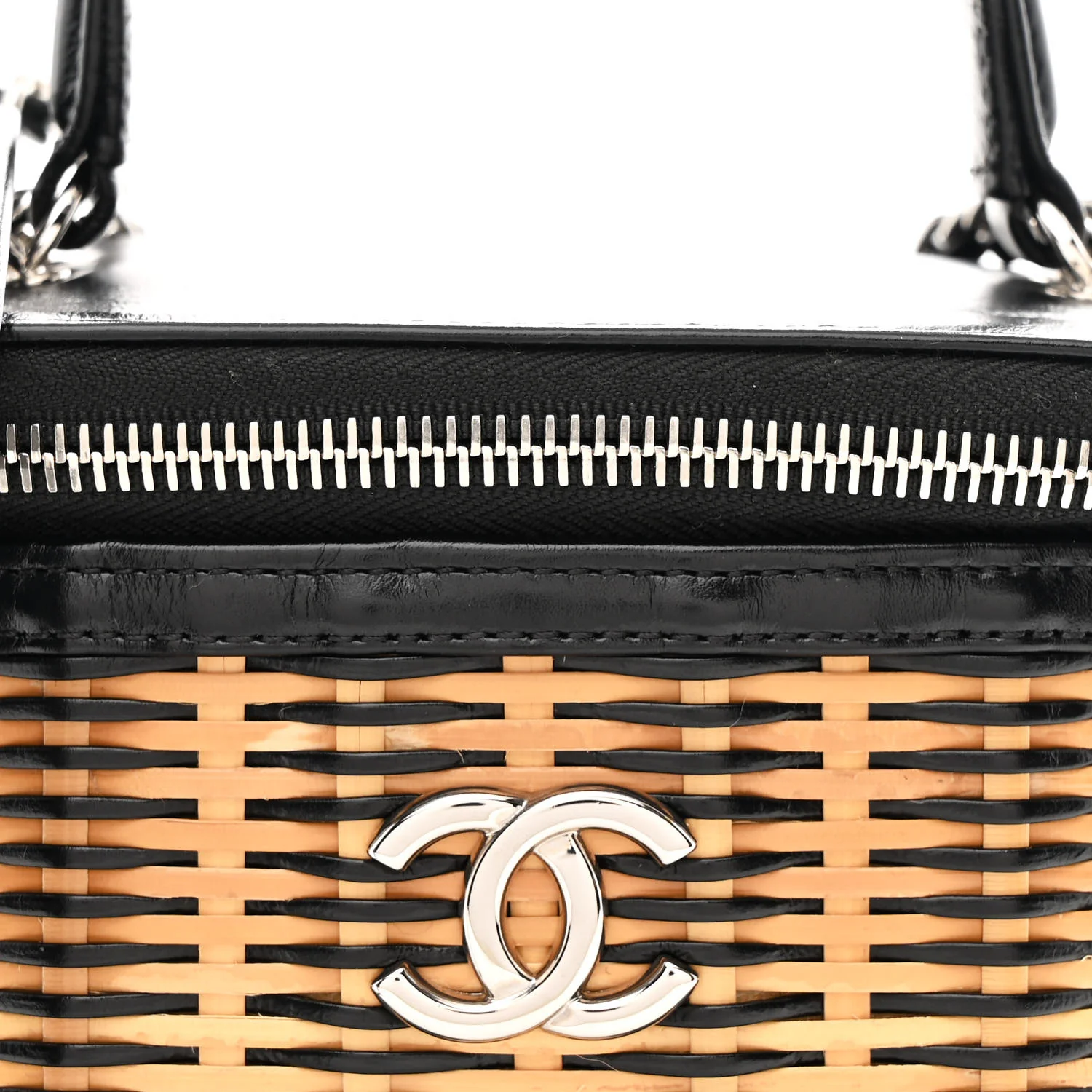 Calfskin Raffia Small Vanity Case Bag Black Beige - Top Club