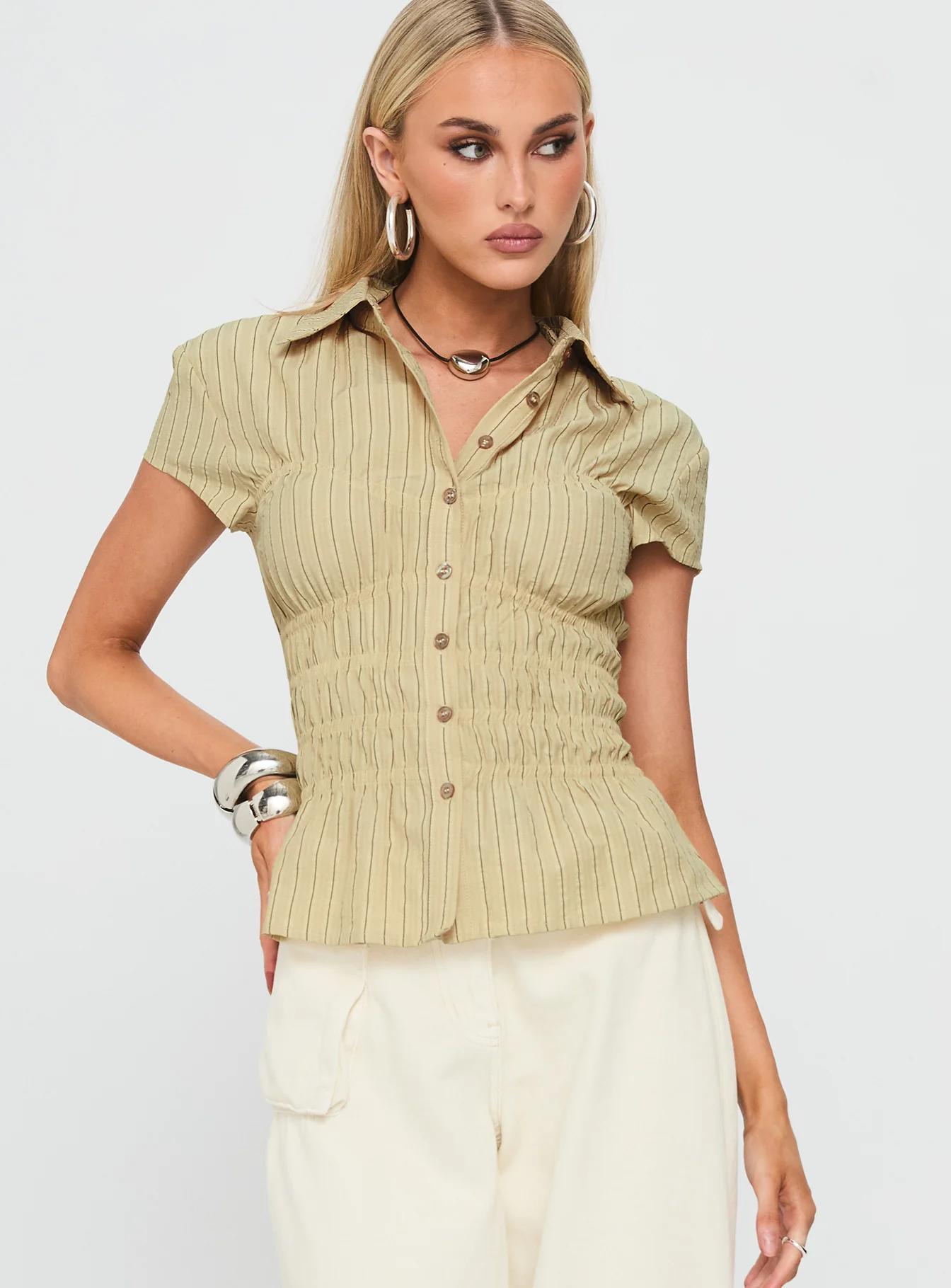 Liesel Shirred Short Sleeve Top Butter Stripe