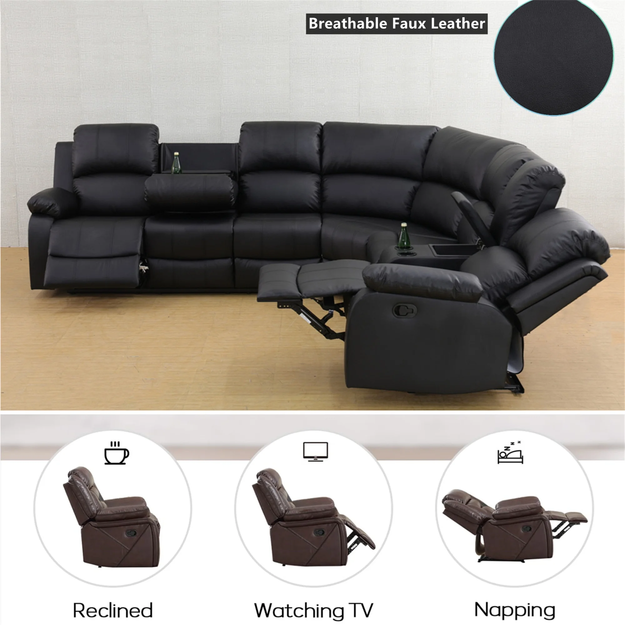 Aukfa 3 - Piece Recliner Sofa Set, 6 Seat Sectional Couch with Cup Holders&Storage Console, Gray