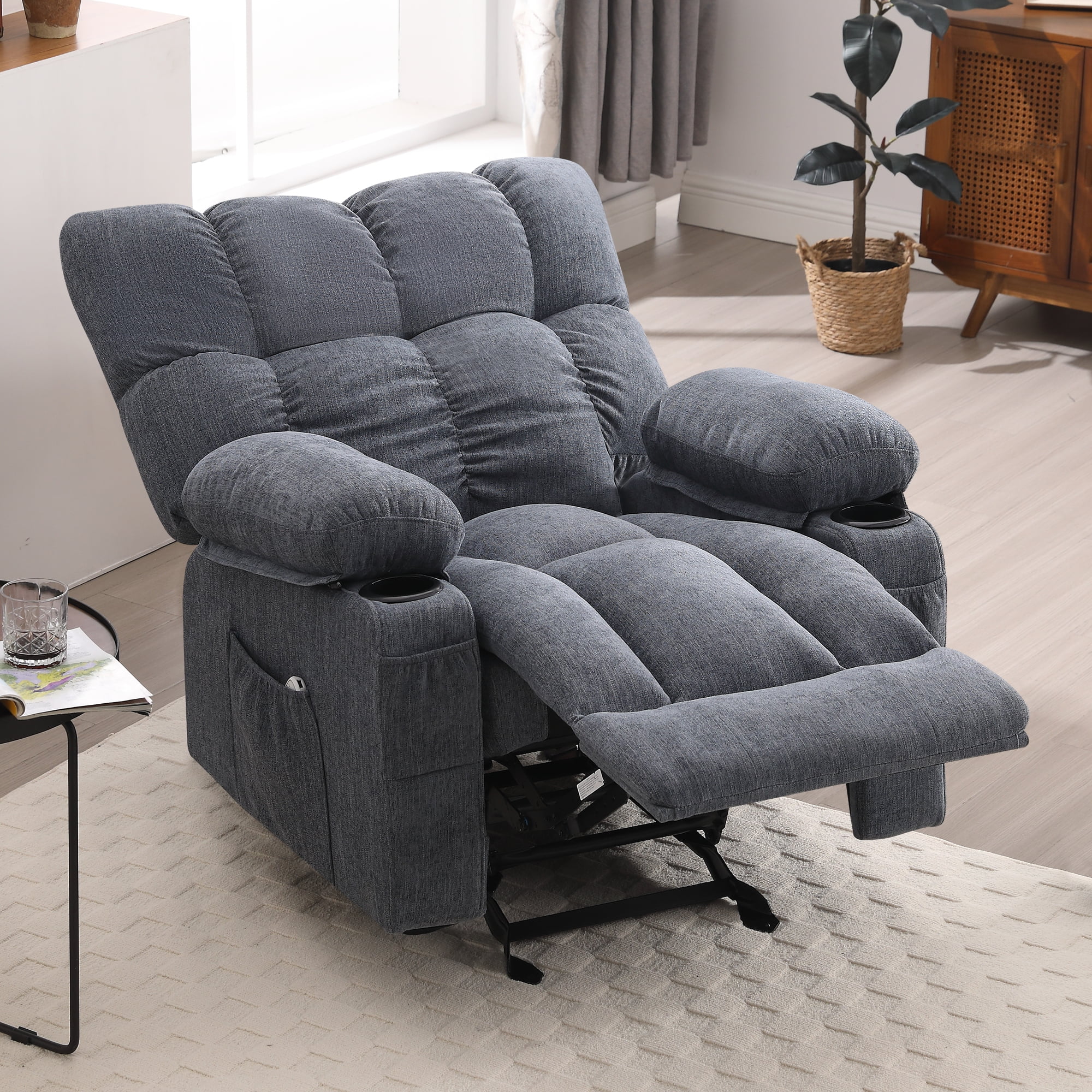 JONPONY Manual Recliner Chair with Heat Therapy and Massage Function, Heavy Duty Reclining Mechanism Massage Chair, Elderly Single Rocker Sofa with Cup Holders for Bedroom Home Theater, Grey