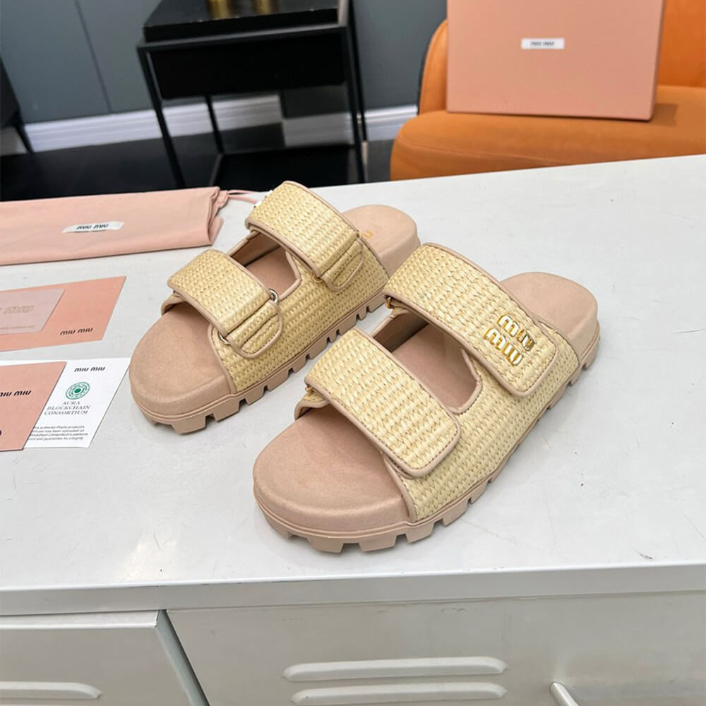MiuMiu Raffia-effect woven fabric slides - Top Club