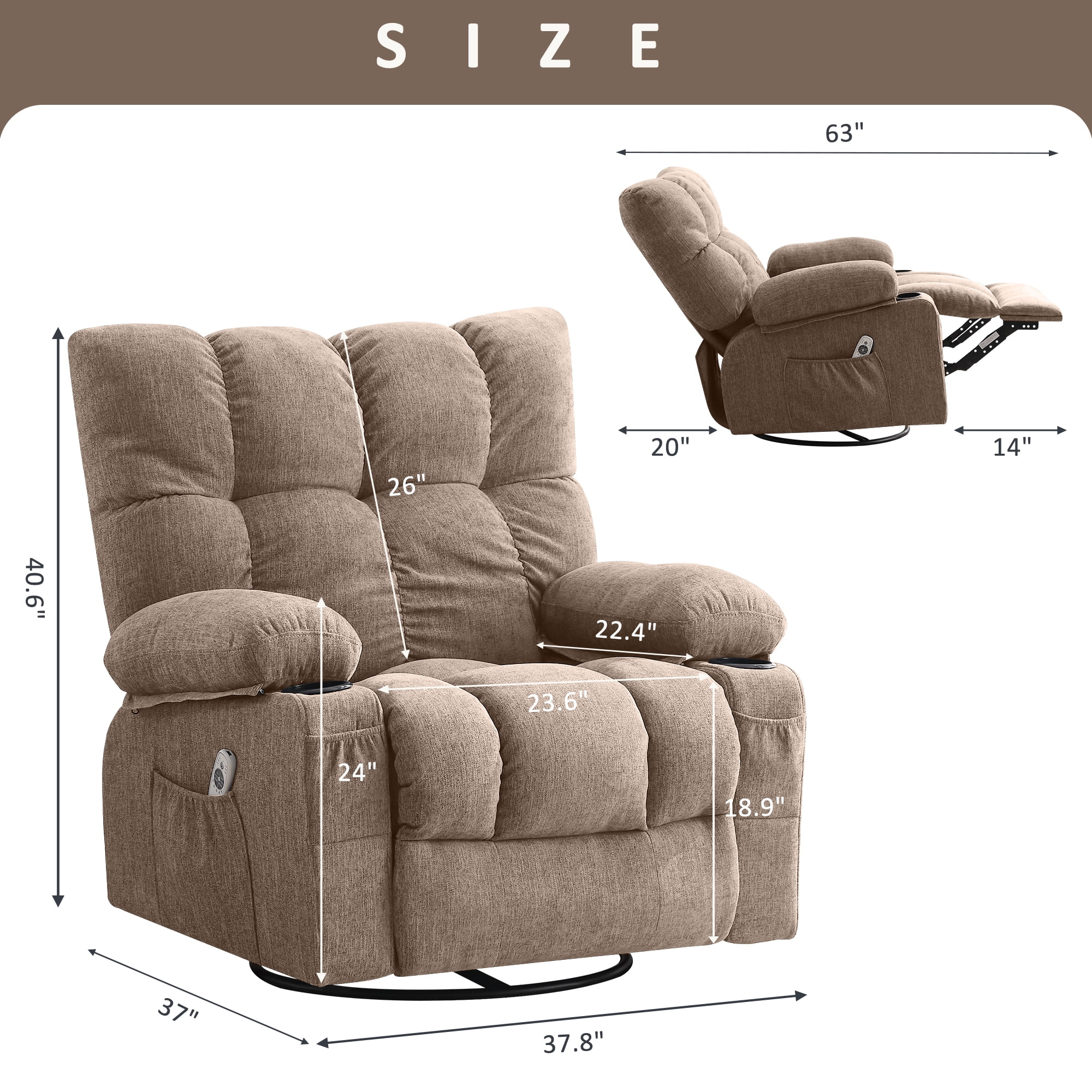 JONPONY Manual Recliner Chair with Heat Therapy and Massage Function, Heavy Duty Reclining Mechanism Massage Chair, Elderly Single Rocker Sofa with Cup Holders for Bedroom Home Theater, Grey
