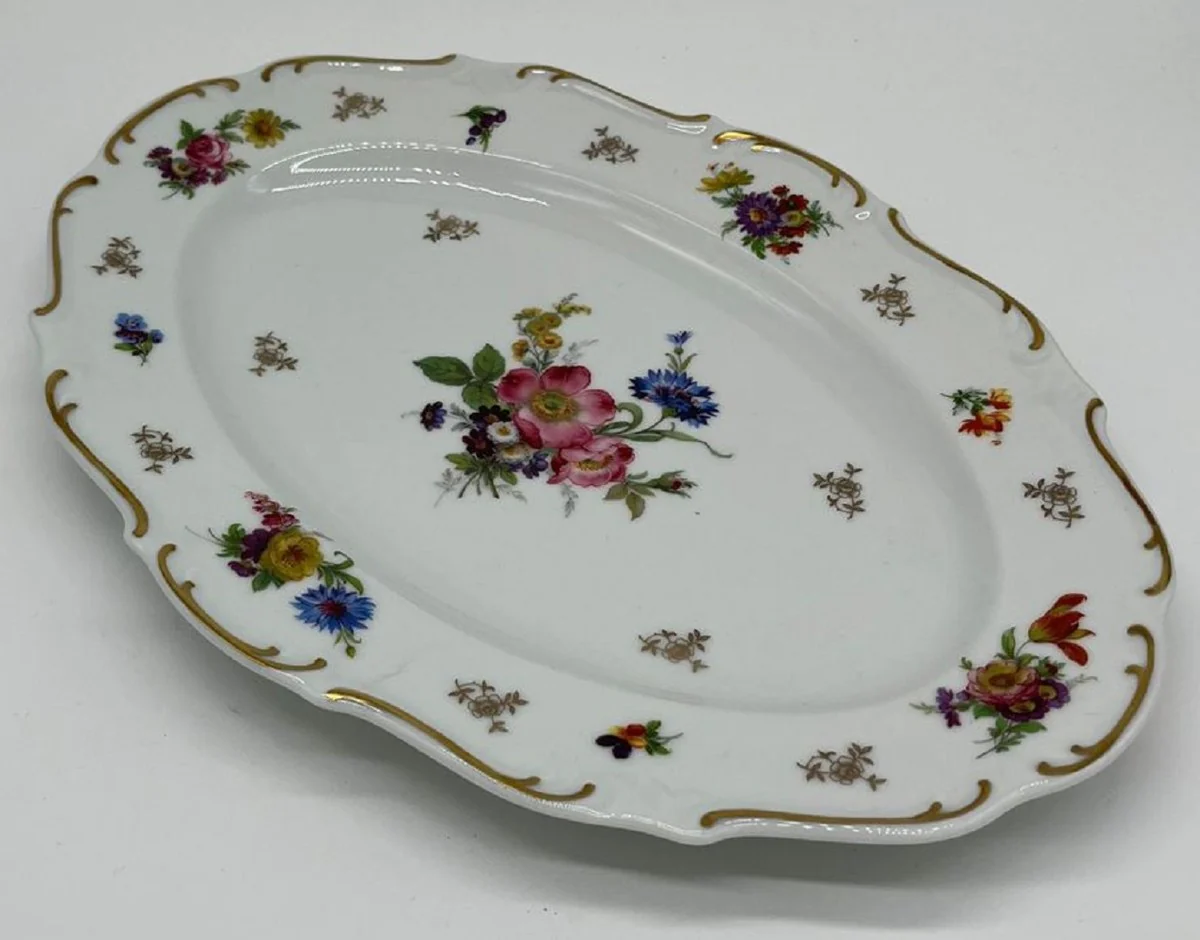 Luxury Baroque Porcelain Plate White / Multicolored / Gold 38 cm - Oval Serving Plate - Luxury Baroque Porcelain Accessories - Reichenbach Porcelain - Luxury Quality - Made in Germany