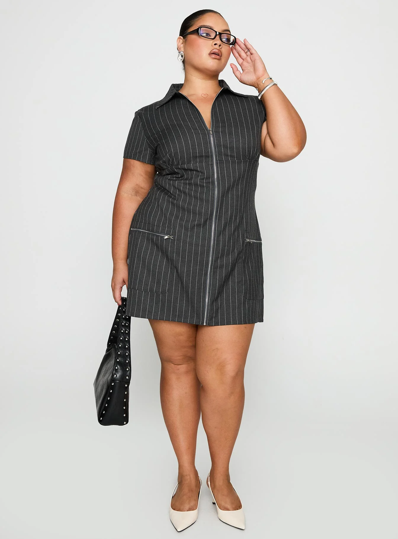 Wynona Mini Dress White / Grey Pinstripe Curve