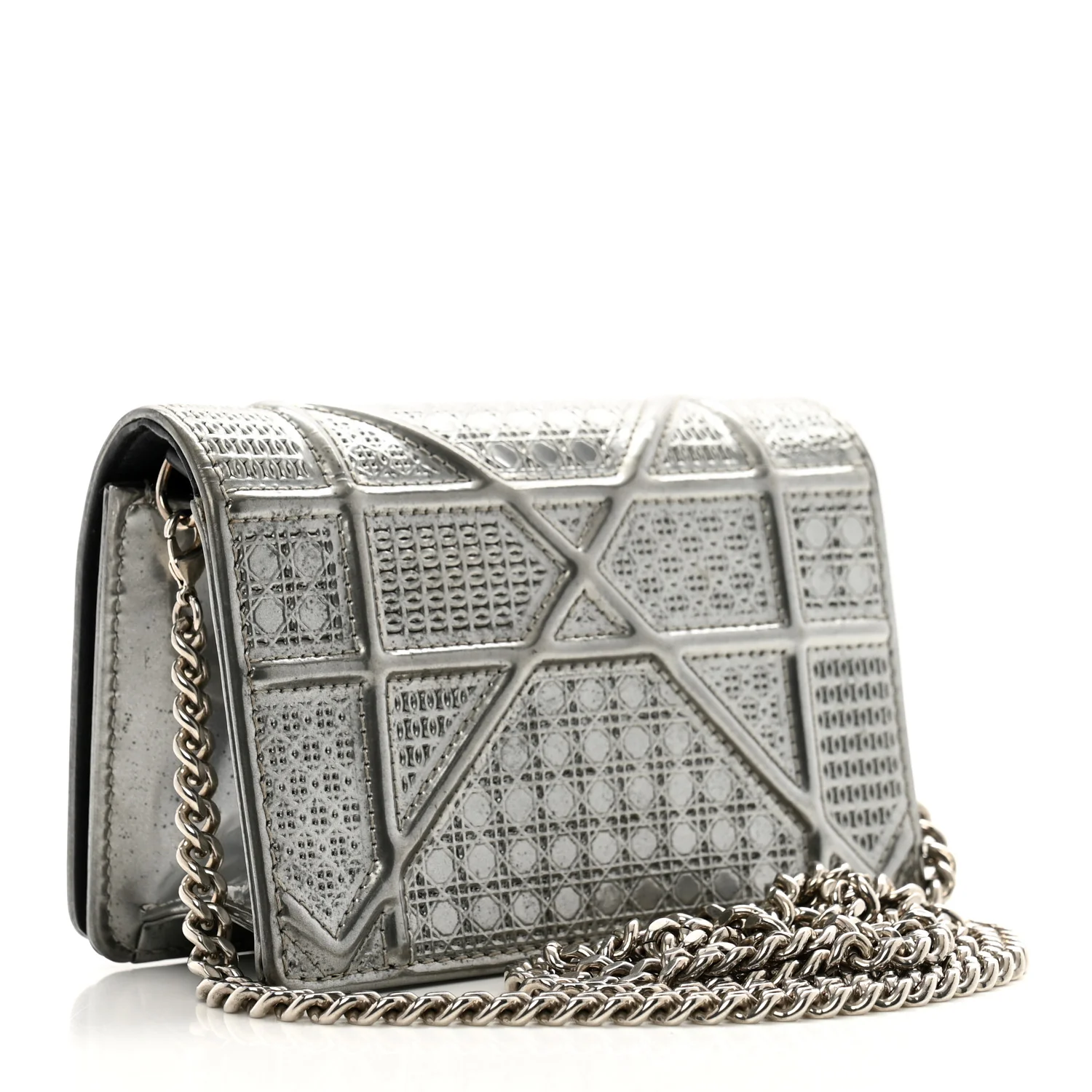 Metallic Patent Micro-Cannage Baby Diorama Flap Bag Silver