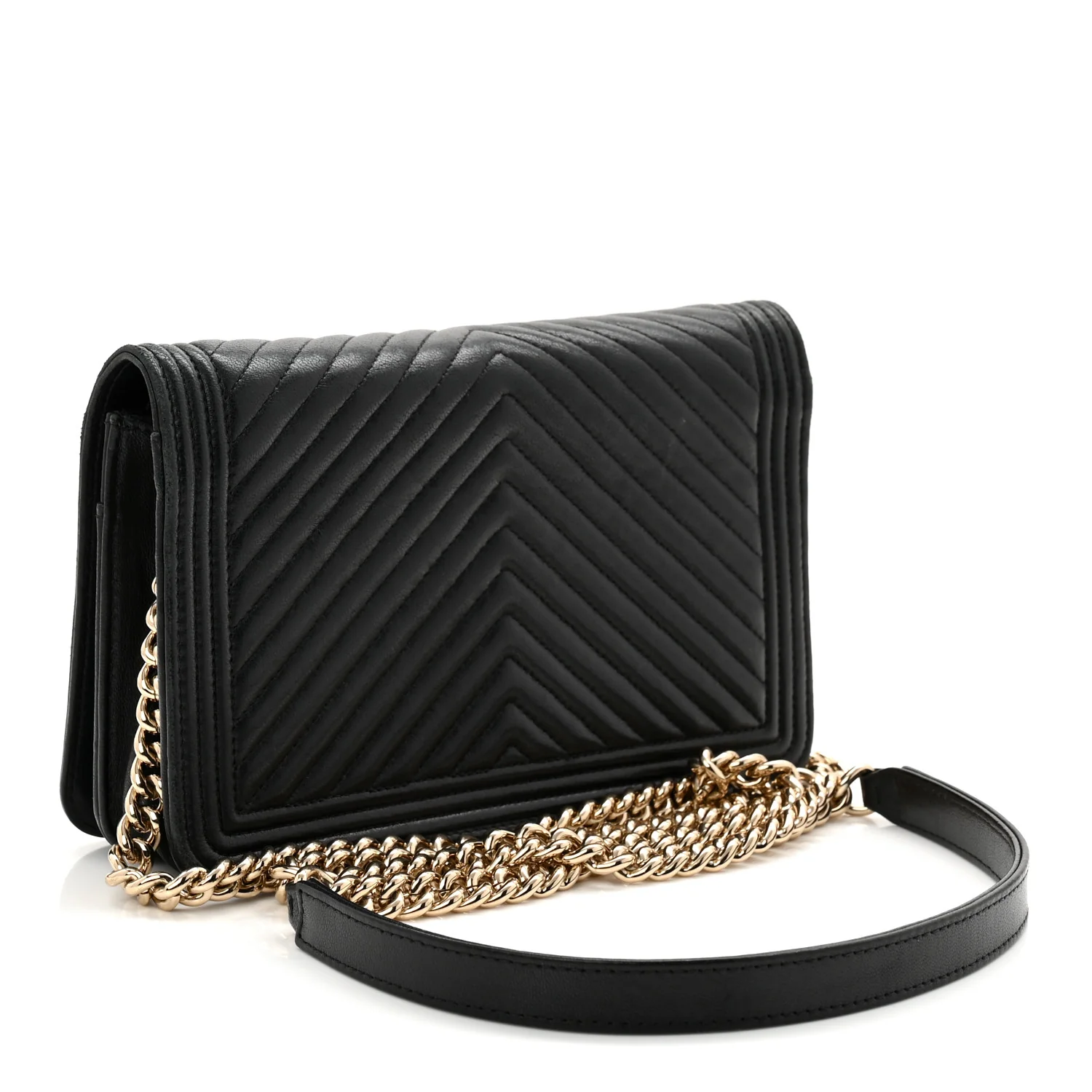 Lambskin Chevron Boy Wallet On Chain WOC Black - Top Club