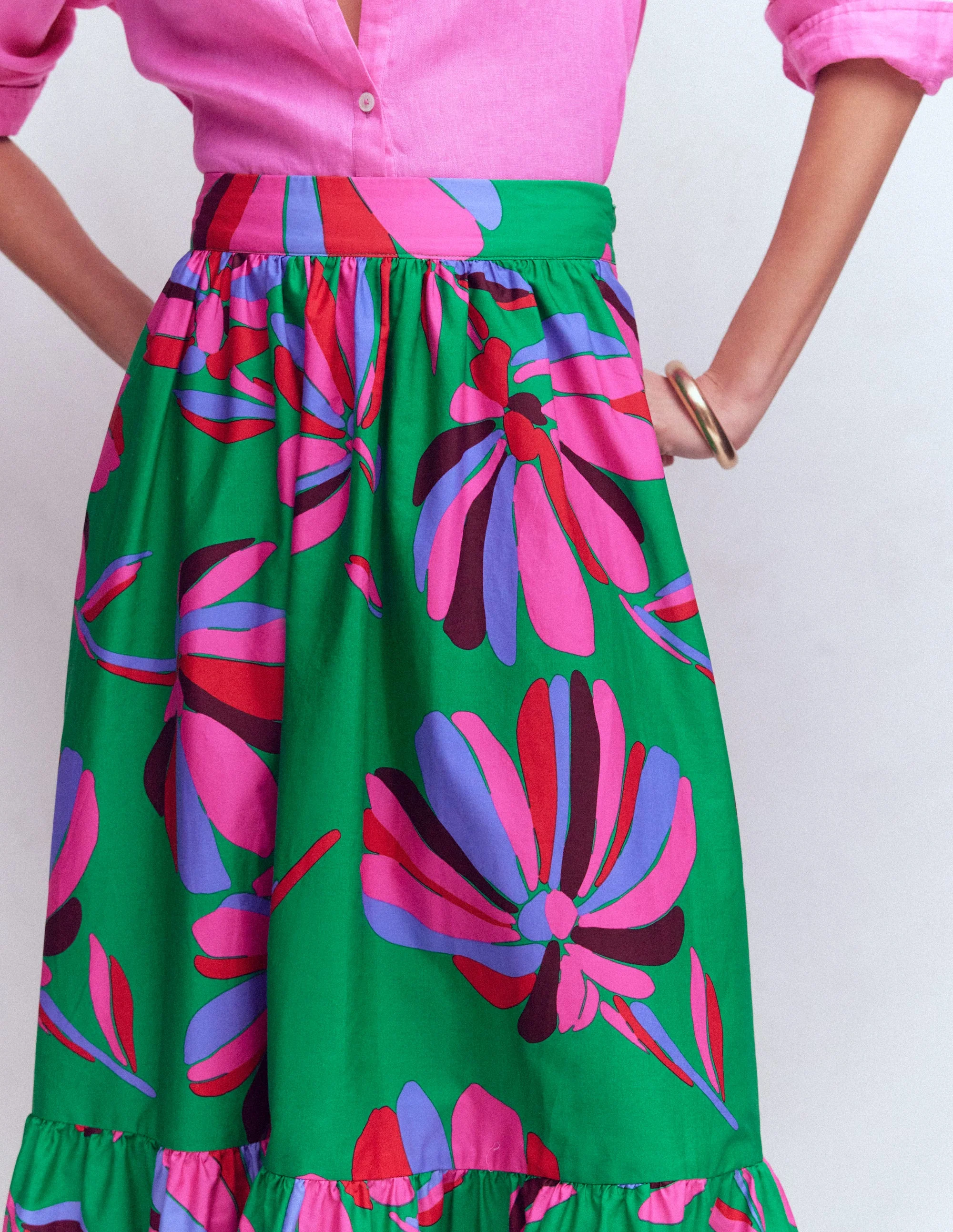 Abigail Popeline-Maxirock-Grün, Gänseblümchen-Kaskade