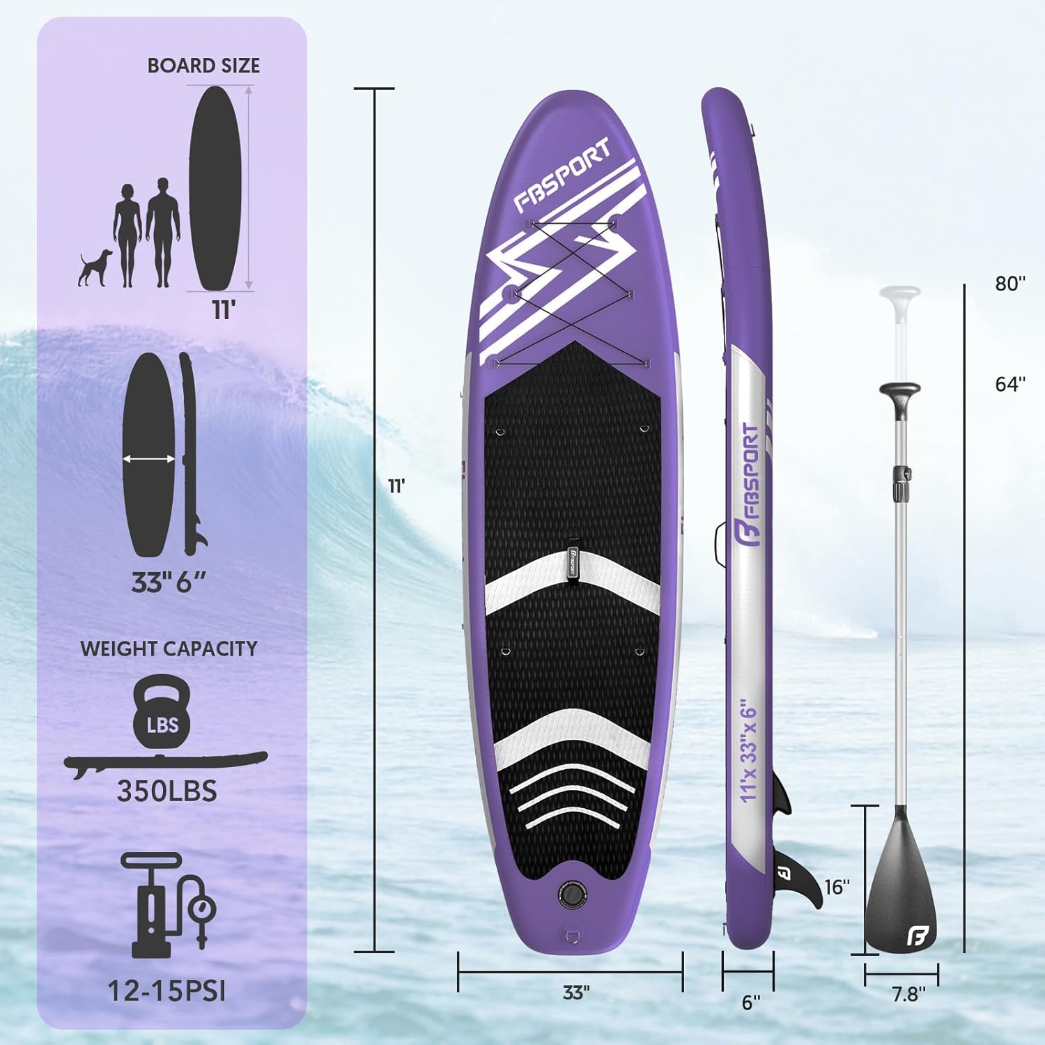 FBSPORT Tavola da SUP Gonfiabile SUP, Stand Up Paddling Board, Stand Up Paddle Board Gonfiabile per Stand Up Paddling 15CM Spessore, Surf con Alluminio Regolabile SUP Paddle + Pompa