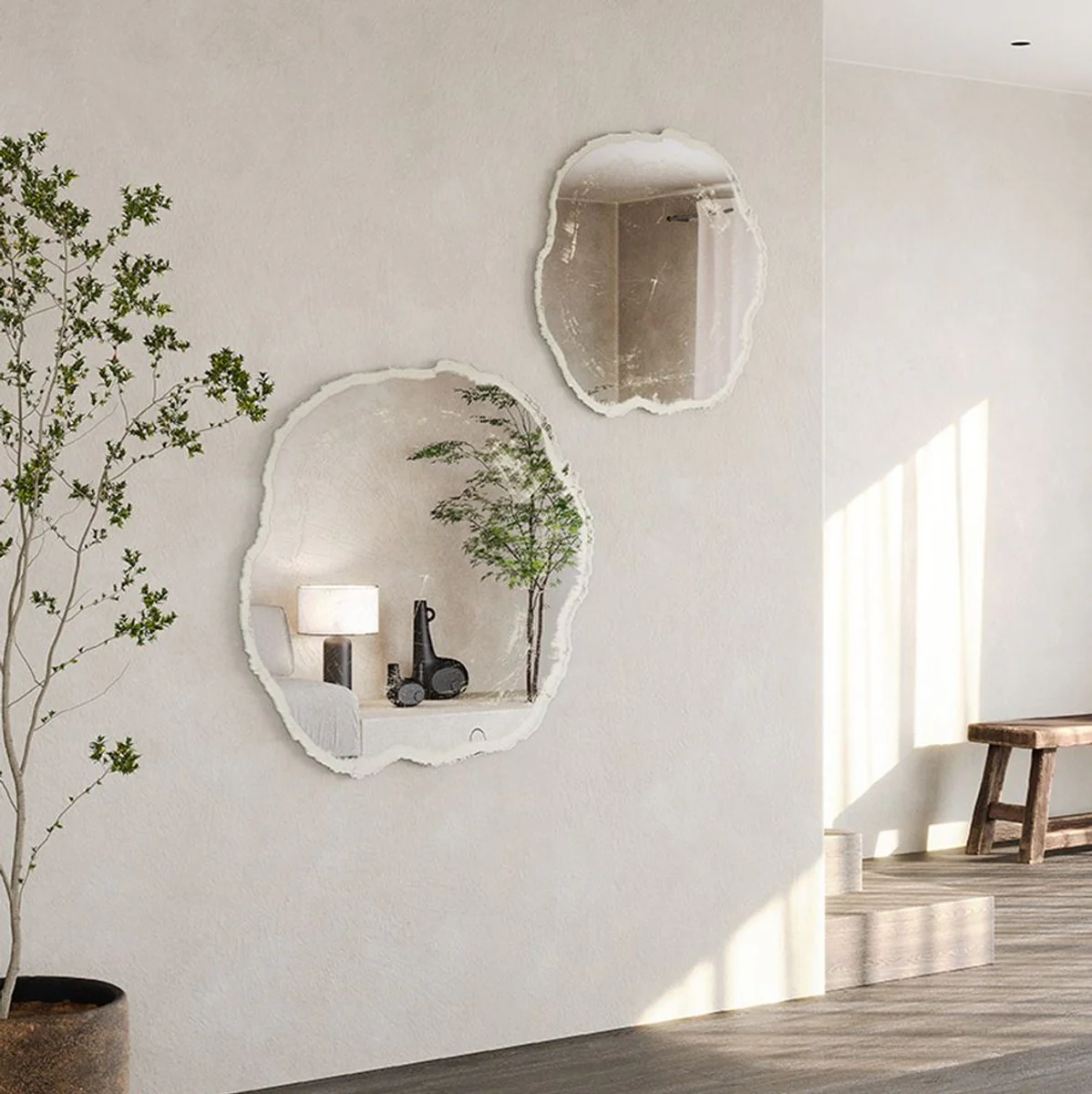 Luxury wall mirror in tree slice design white / beige 80 x 2.5 x H. 78 cm - living room mirror - bedroom mirror - cloakroom mirror - luxury furniture - luxury interior