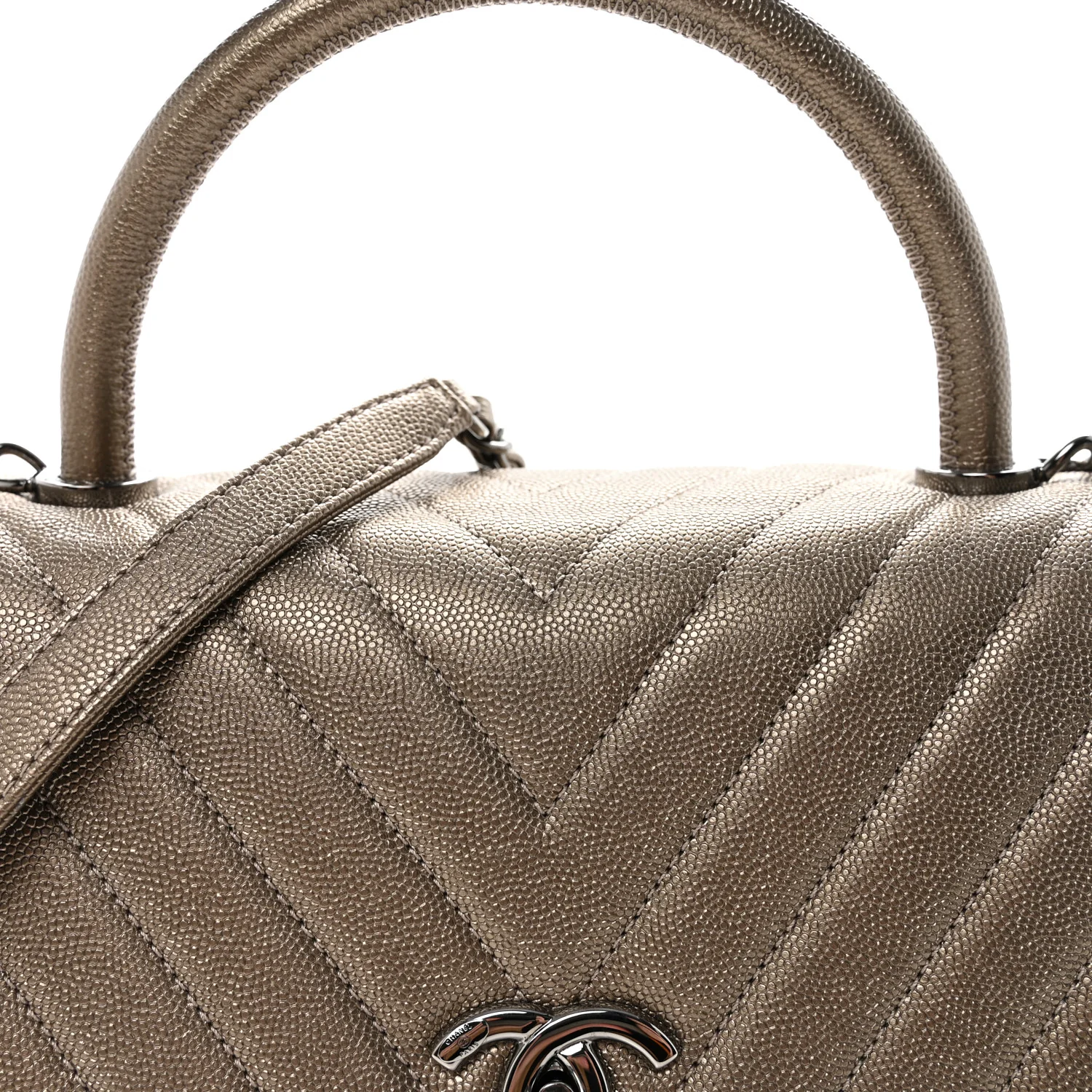 Metallic Caviar Chevron Quilted Small Coco Handle Flap Light Gold - Top Club