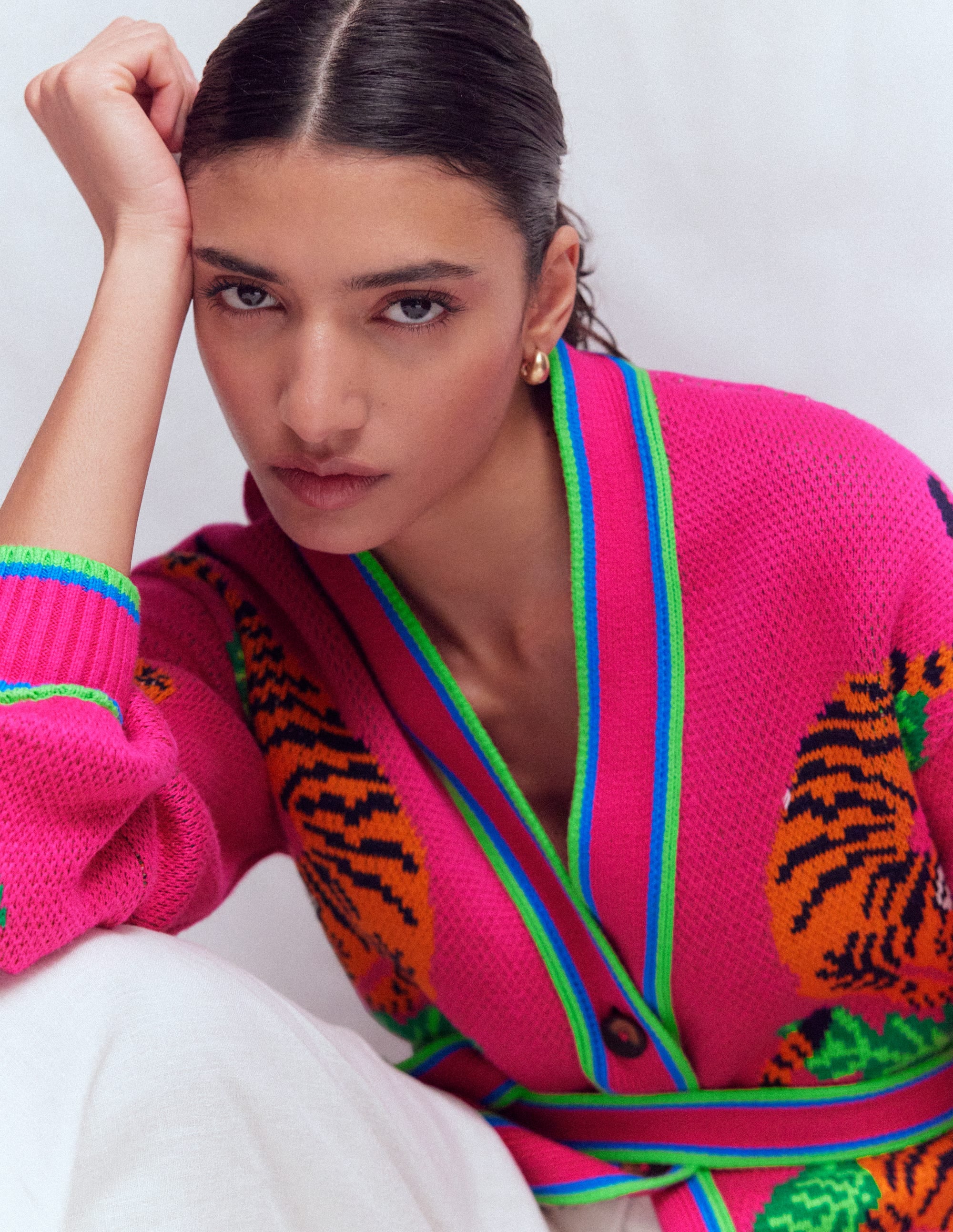 Jacquard-Strickjacke mit Gürtel-Rosa Schafgarbe Tiger