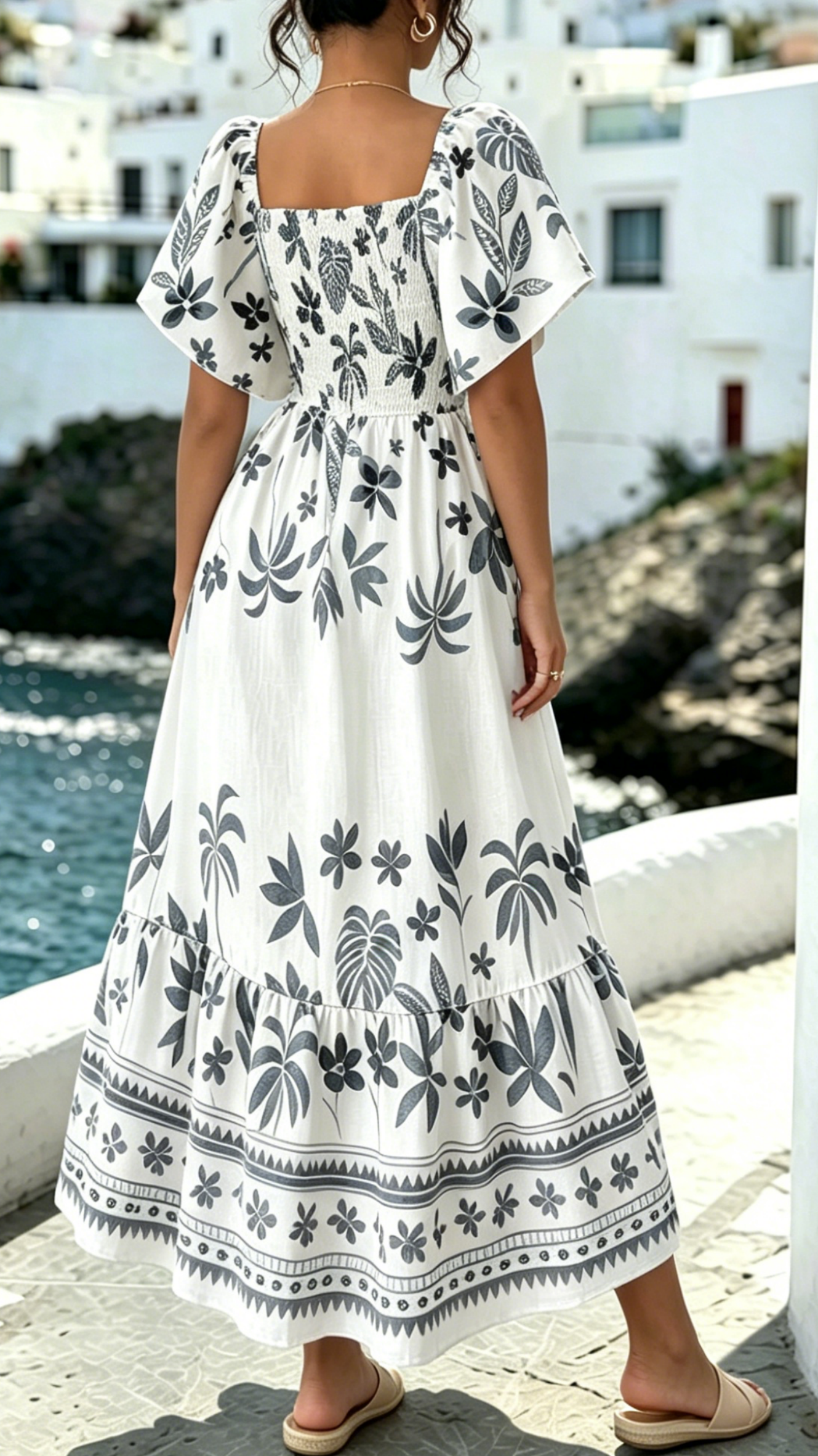 Women's Printed Dress with Square Neckline and Flutter Sleeves - Nordfashionstorm - Women's Clothing, Fashion for You - Nordfashionstorm.com