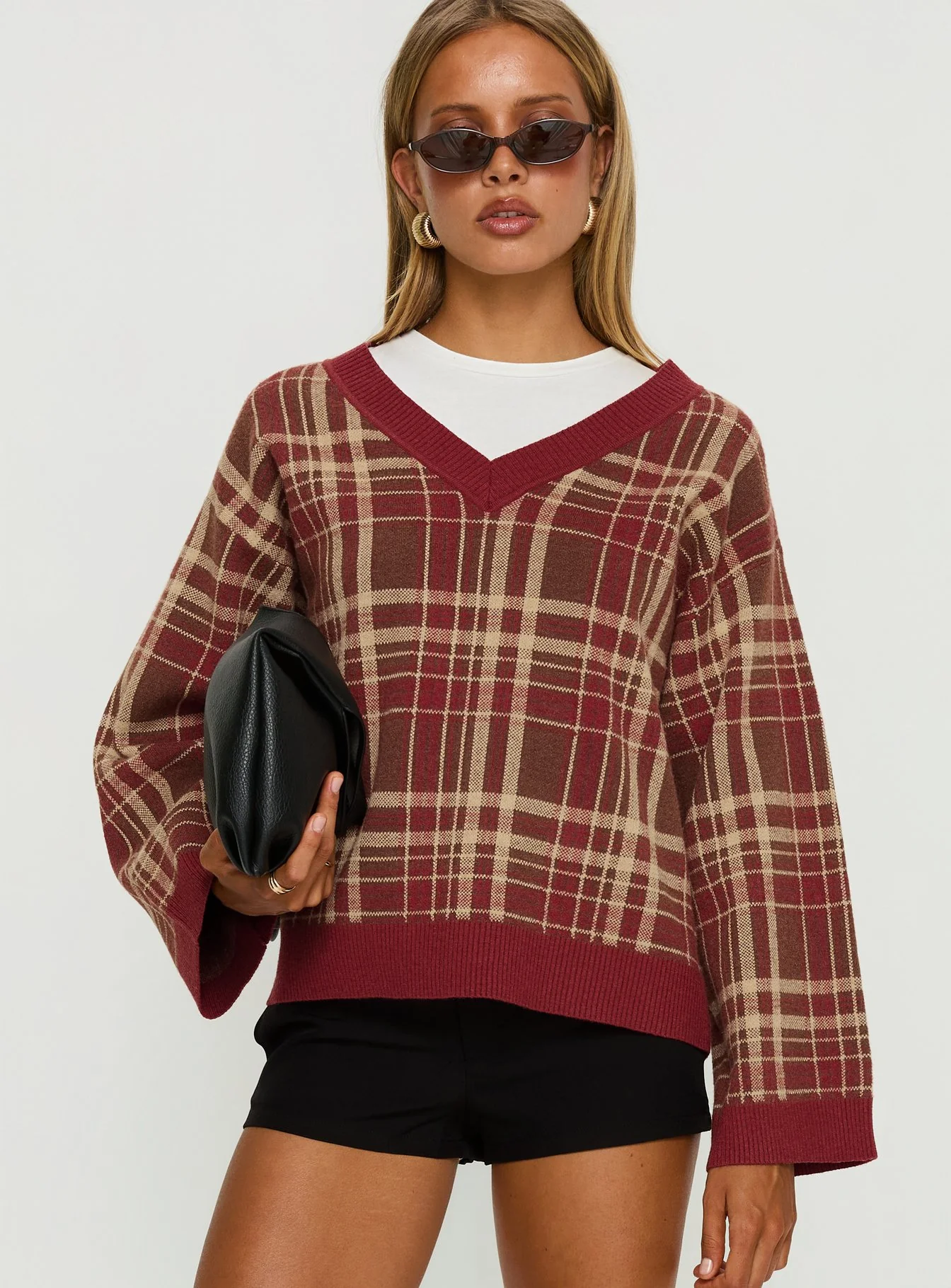 Sydda V Neck Knit Sweater Red Plaid