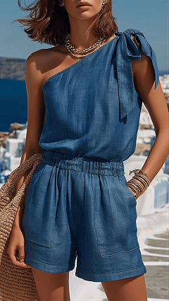 Women's Fashionable & Casual Slim-Fit Vacation-Style One-Shoulder Top Two-Piece Set - Nordfashionstorm - Women's Clothing, Fashion for You - Nordfashionstorm.com