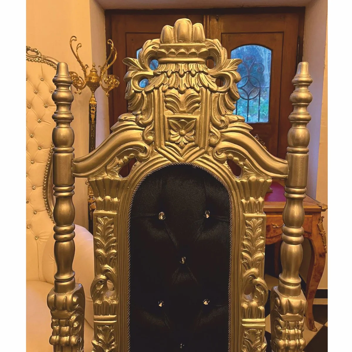 Luxury baroque throne armchair with glittering stones dark blue / silver - baroque furniture