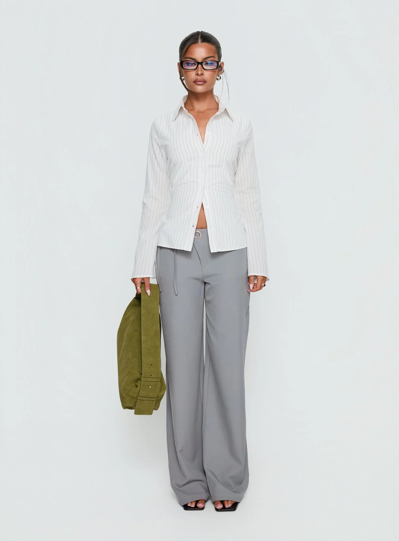 Eryx Tie Back Button Up Top White Pinstripe