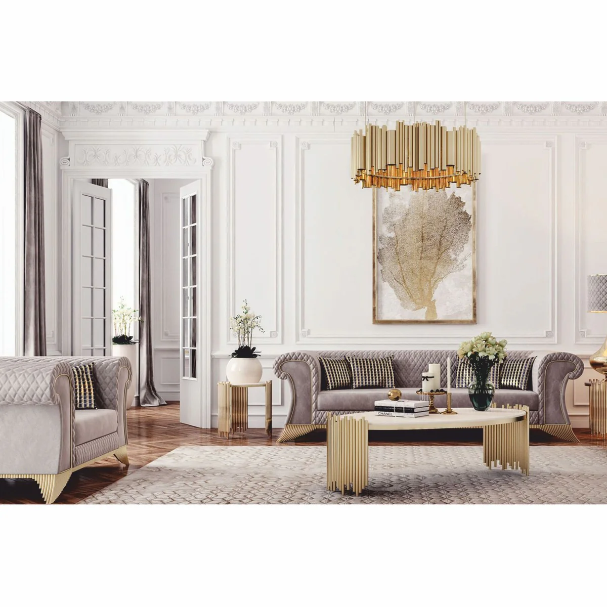 Luxury side table with artificial marble table top white / gold Ø 59 cm