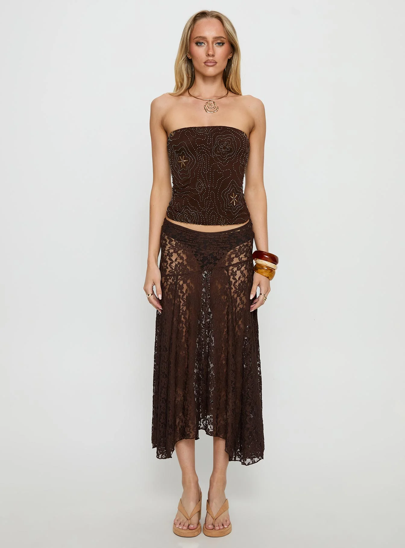 Vania Bead Detail Strapless Top Chocolate