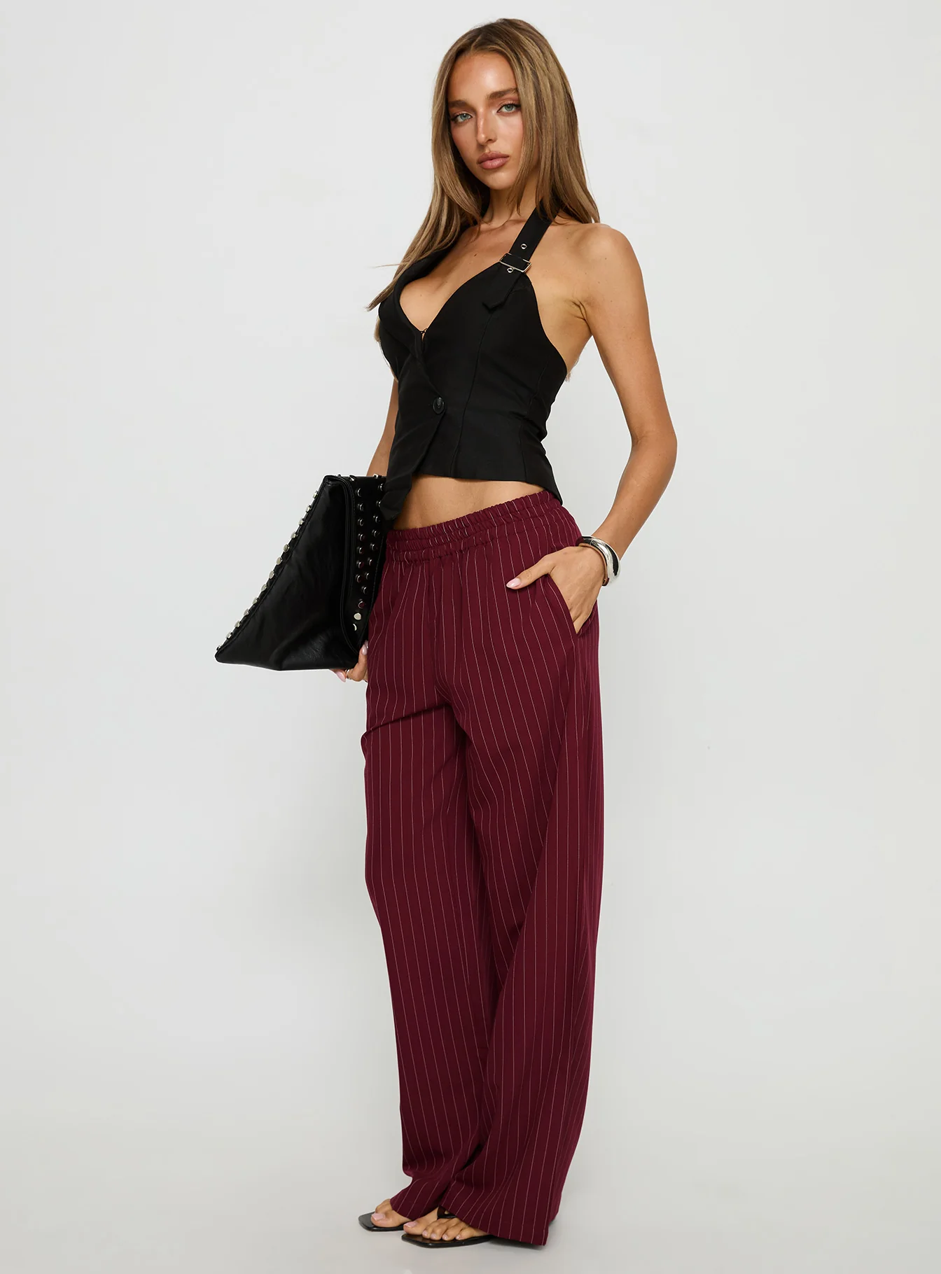 Jaysa Baggy Wide Leg Pant Burgundy Pinstripe