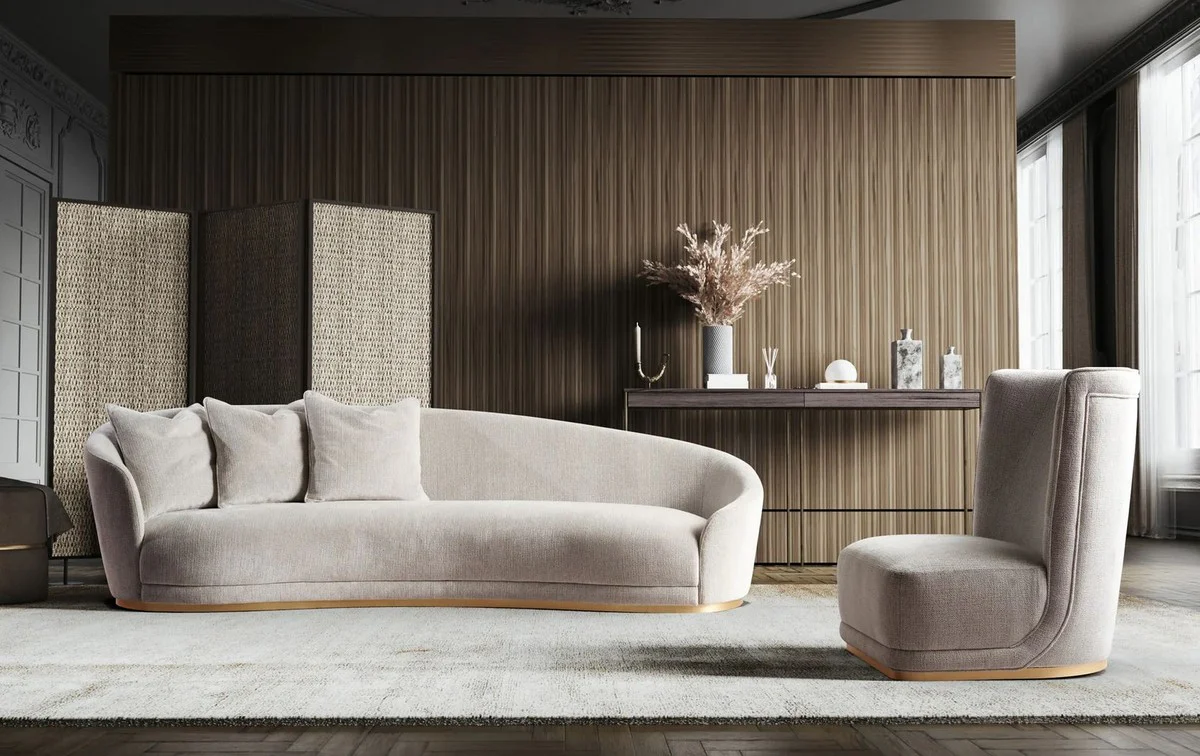 Luxury sofa light gray / brass 308 x 110 x H. 90 cm - Curved living room sofa - Hotel sofa - Living room furniture - Hotel furniture - Luxury furniture - Luxury furnishings - Living room furnishings