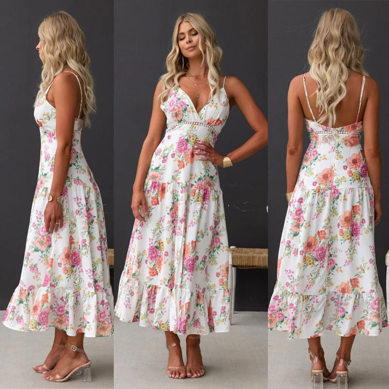 Printed Women's Suspender Slit Dress - XYPARS