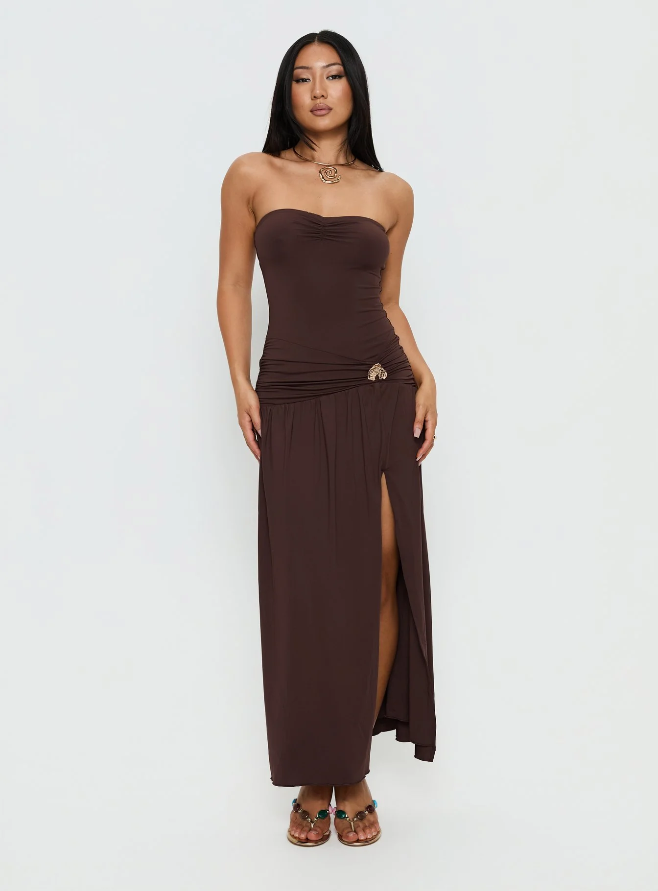 Alexe Strapless Ruched Maxi Dress Chocolate