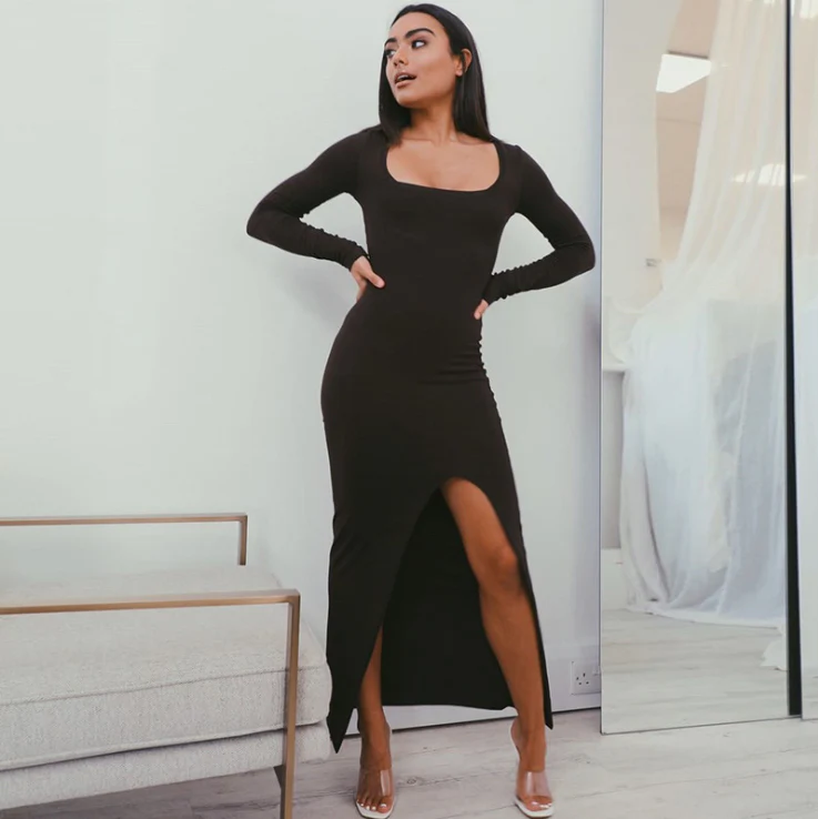 Slim Fit Dress with Square Neck and Side Slit - XYPARS