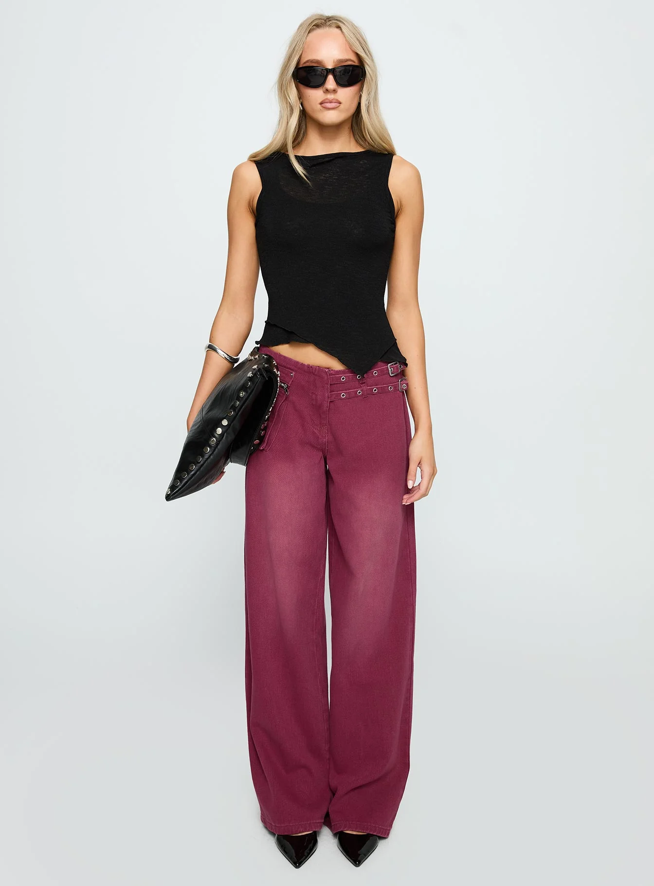Paltrow Mid Rise Wide Leg Cargo Jeans Washed Burgundy