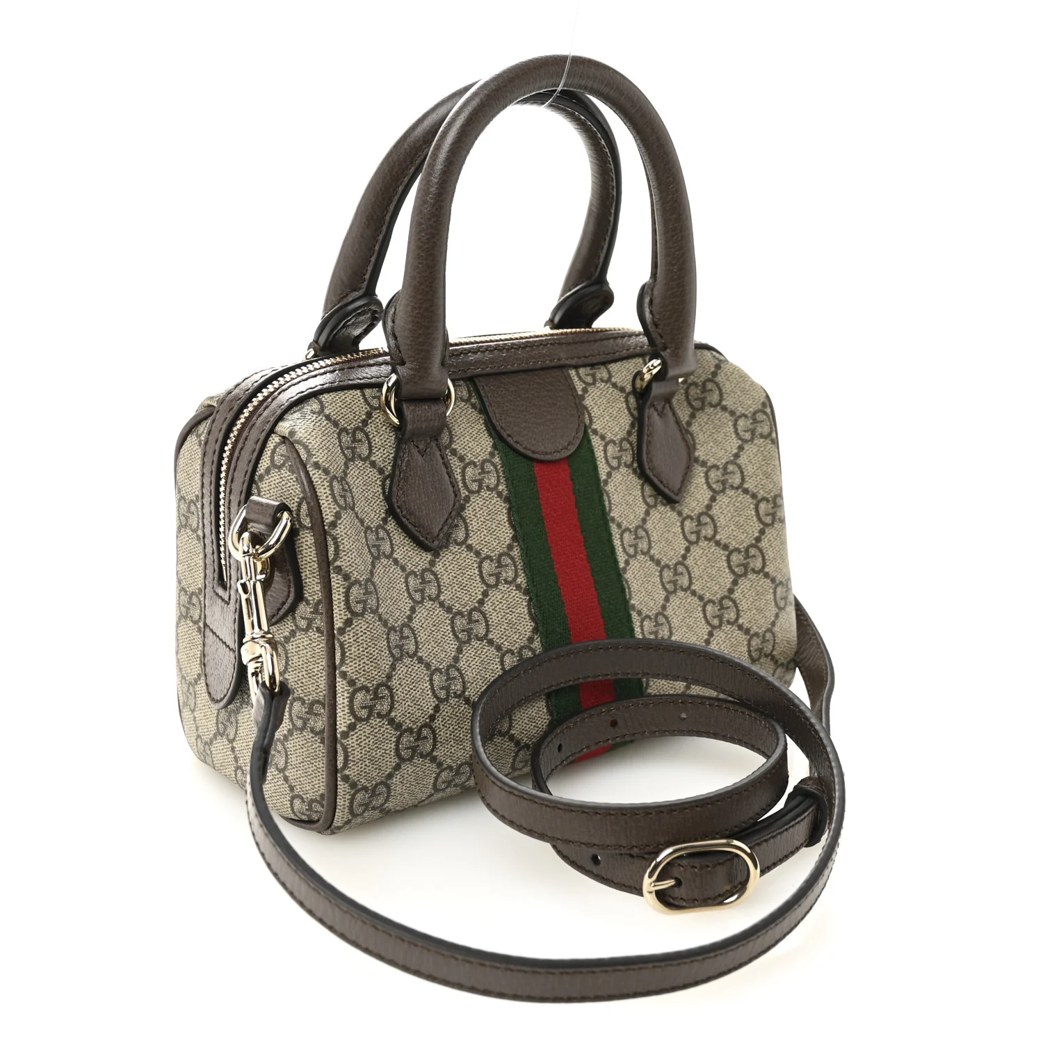 GG Supreme Monogram Textured Dollar Calfskin Web Mini Ophidia Top Handle Bag Beige Ebony New Acero - Top Club