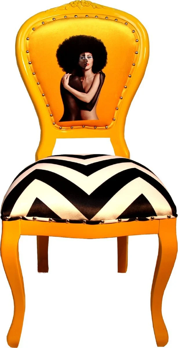 Luxury Baroque dining room set black / white stripes / yellow 55 x 54 x H. 103 cm - 6 handmade designer dining room chairs - Baroque dining room furniture