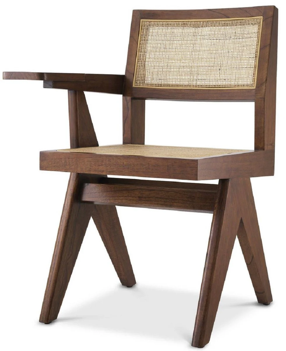 Luxury office chair brown / natural colors 44 x 54 x H. 85.5 cm - solid wood chair with rattan weave and storage space - luxury office furniture