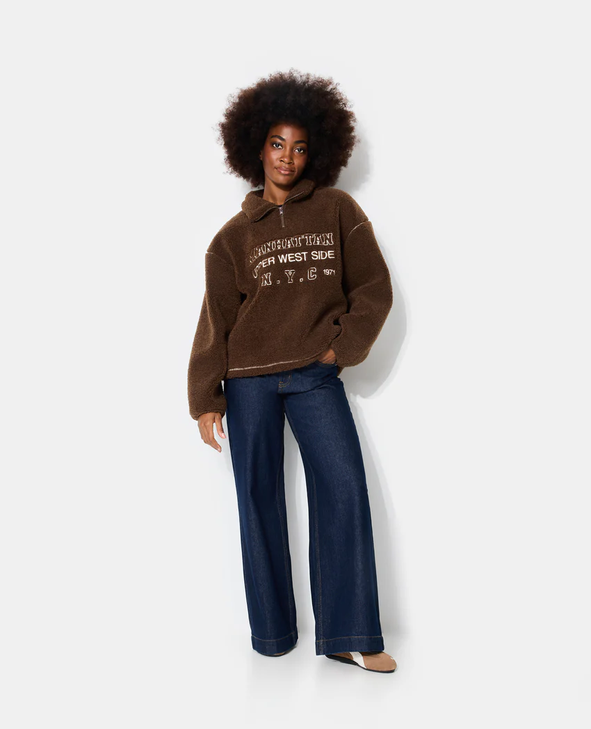 Pimkie Sweat droit en sherpa col zippé avec broderies