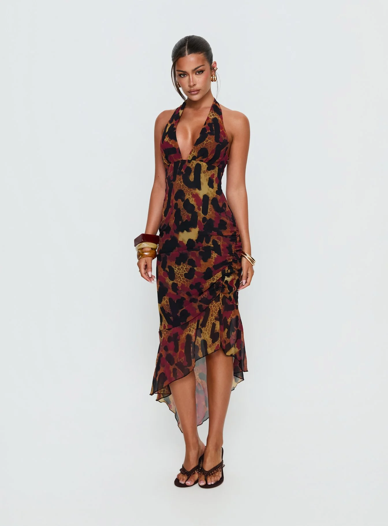 Katriona Halter Asymmetrical Maxi Dress Leopard Multi