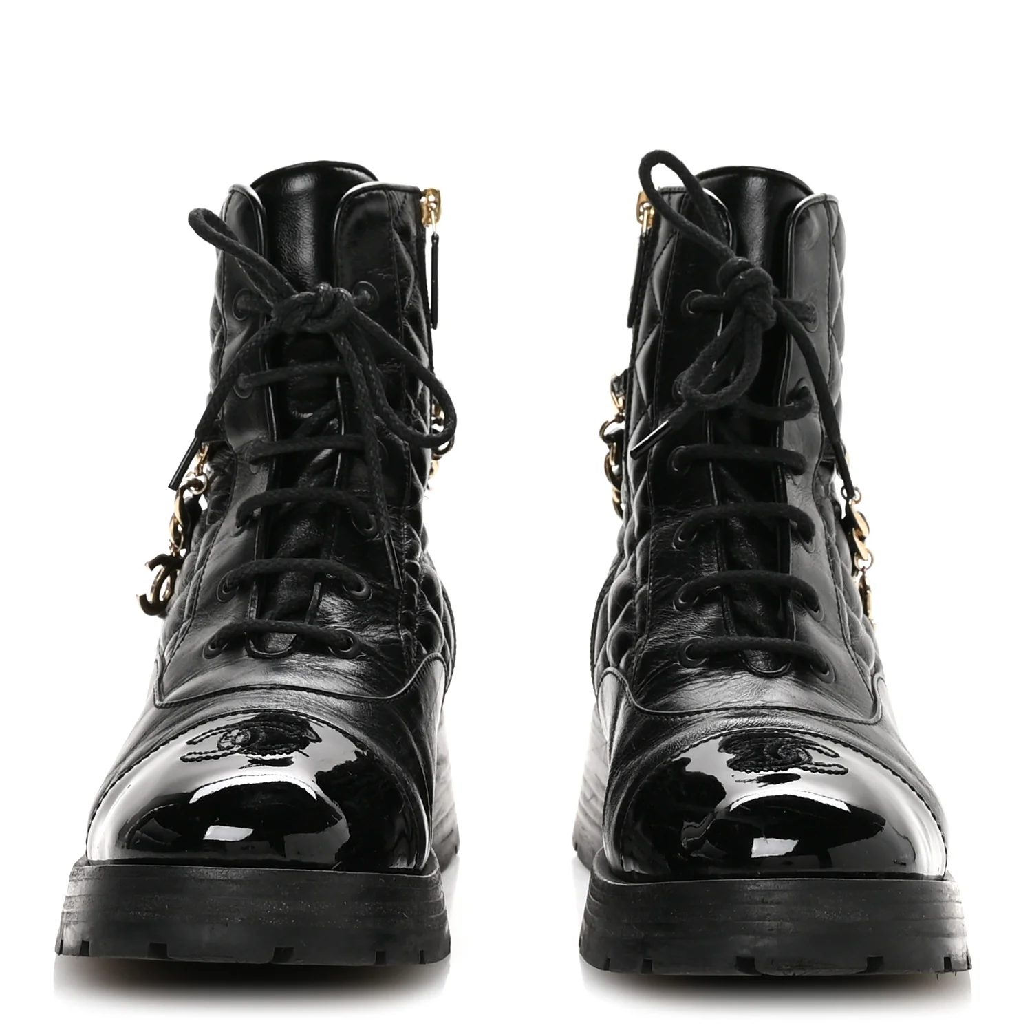 Shiny Calfskin Patent Quilted Chain Lace Up Combat Boots 40.5 Black - Top Club